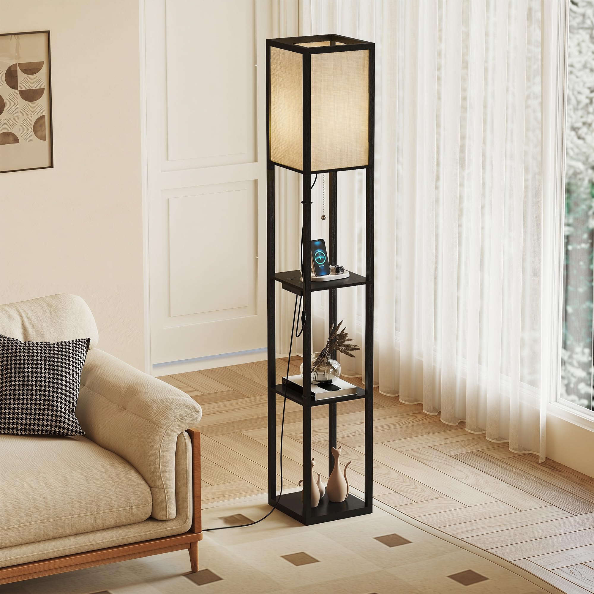 HOMCOM LED Stehlampe mit Regalen, Wohnzimmer Stehleuchte mit E27 Schwarz | Fassung bis 40W, USB-Anschlüsse, Standleuchte, Lampenschirm aus Acryl, für Schlafzimmer, Arbeitszimmer, Büro