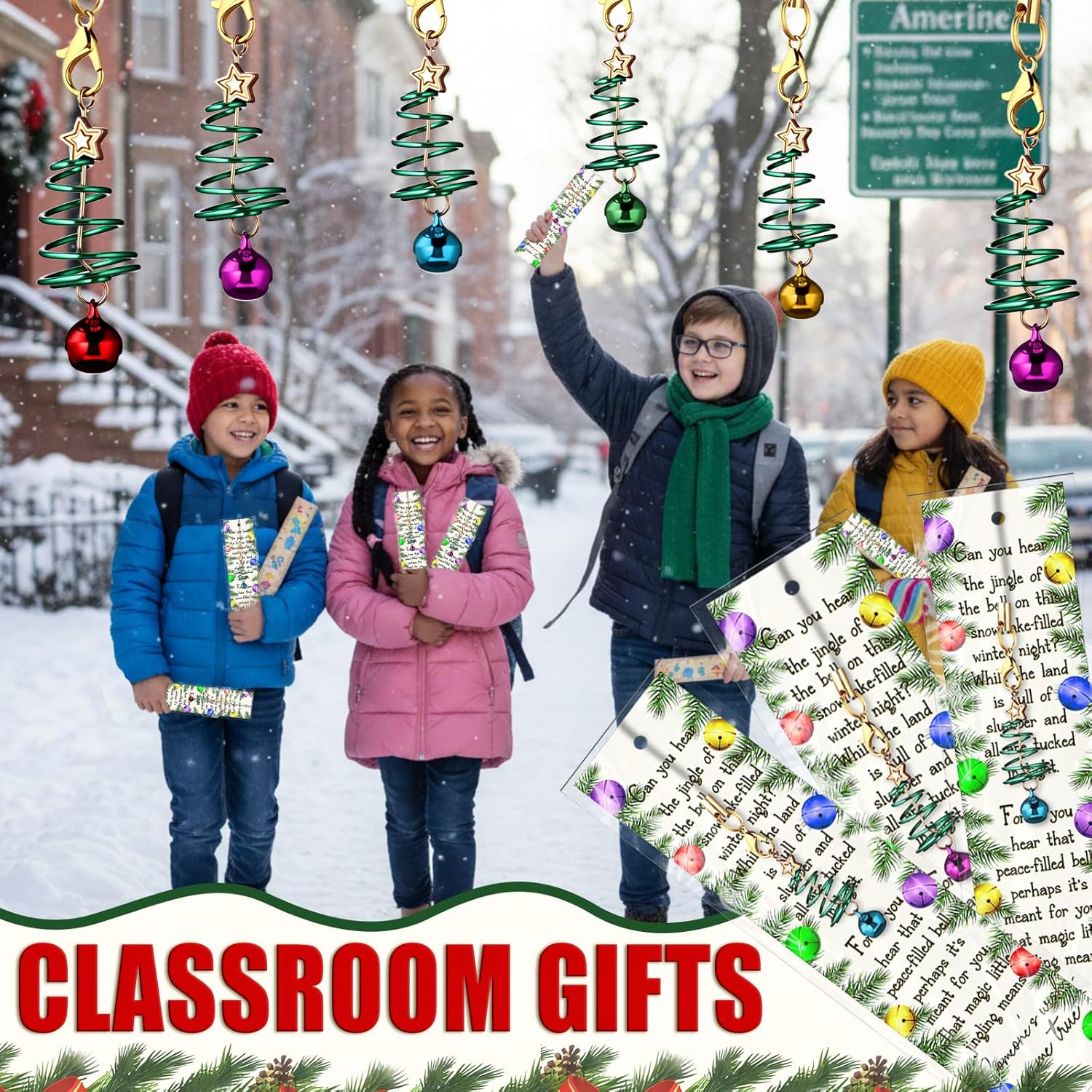 50 Sets Christmas Tree Jingle Bell Keychains Bulk with Christmas Bookmarks, Santa's Sleigh Bell Bookmarks for Adult End of Year Party Favor, Holiday Stocking Stuffer Gift