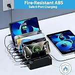 Station de recharge pour appareils multiples, 6 Stations de recharge à port avec matériel de protection contre les flammes & 6 Câbles pour Apple, Android, iPad, Organisateur de quai de recharge de bureau (Noir)