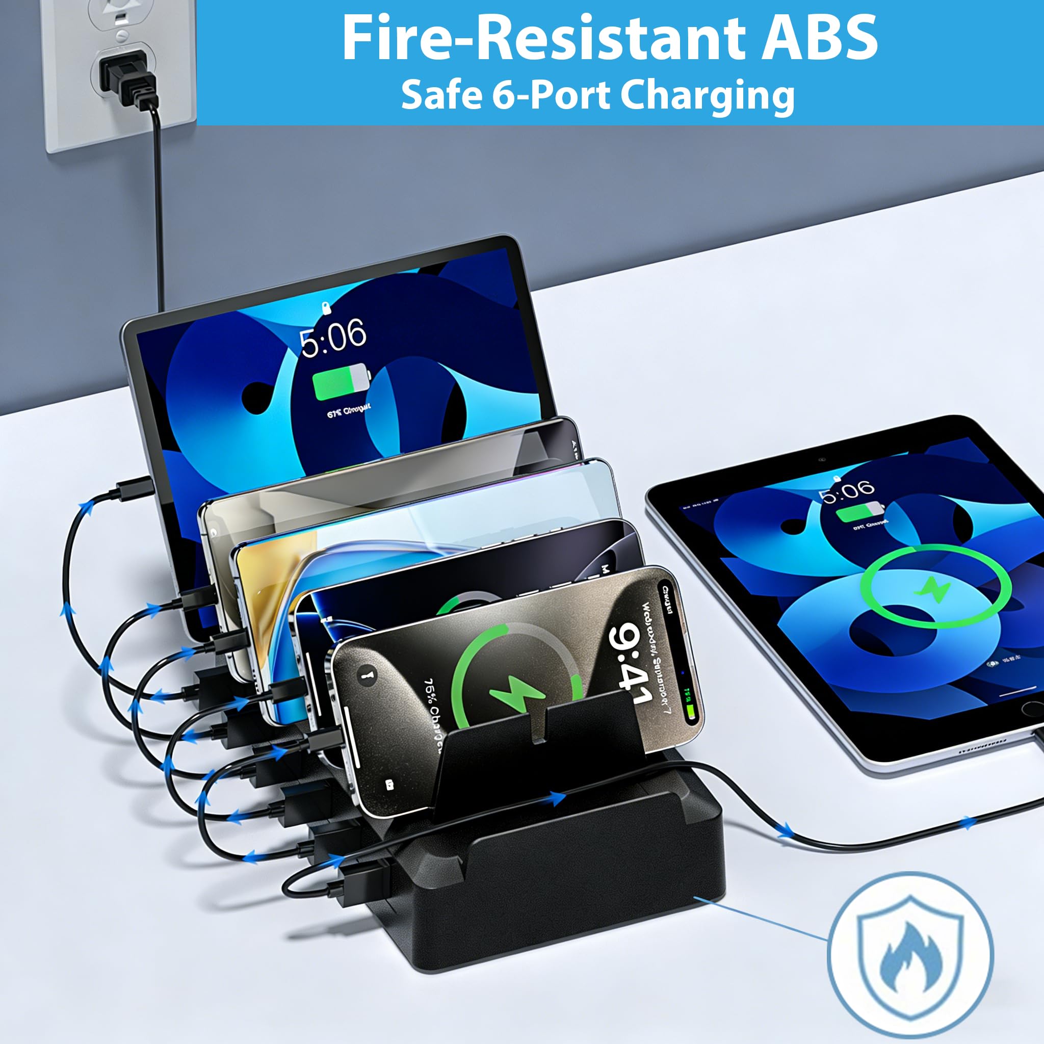 Stazione di ricarica per più dispositivi, 6 stazioni di ricarica con materiale ignifugo e 6 cavi per Apple, Android, iPad, scrivania da ufficio dock organizer (nero)
