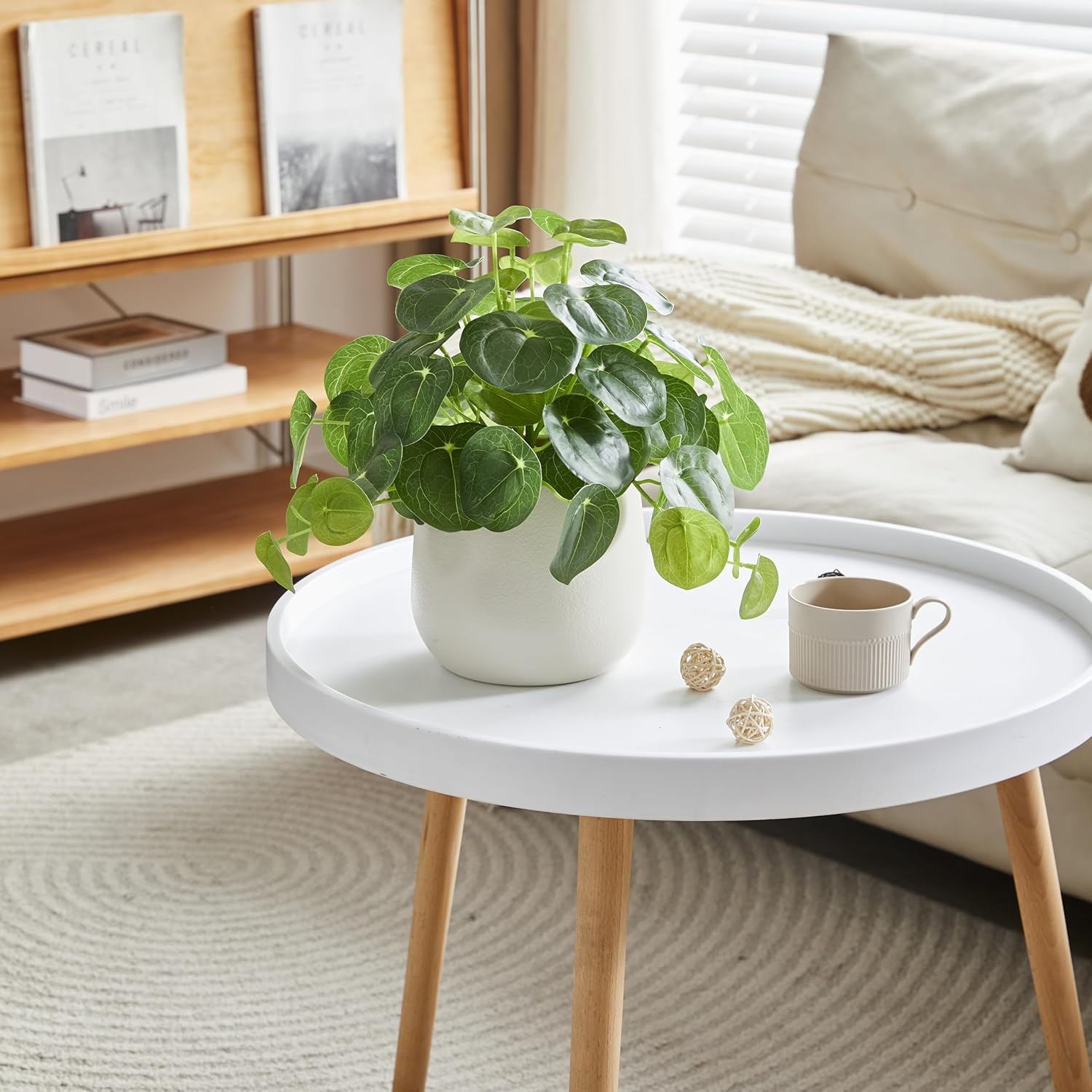 365 Blooming Decor Artificial Pilea Plant – Luxury Potted Money Plant in White Textured Pot with Real Pebbles, Premium Soft Plastic, Pet-Friendly, Realistic Look and Touch, No Assembly