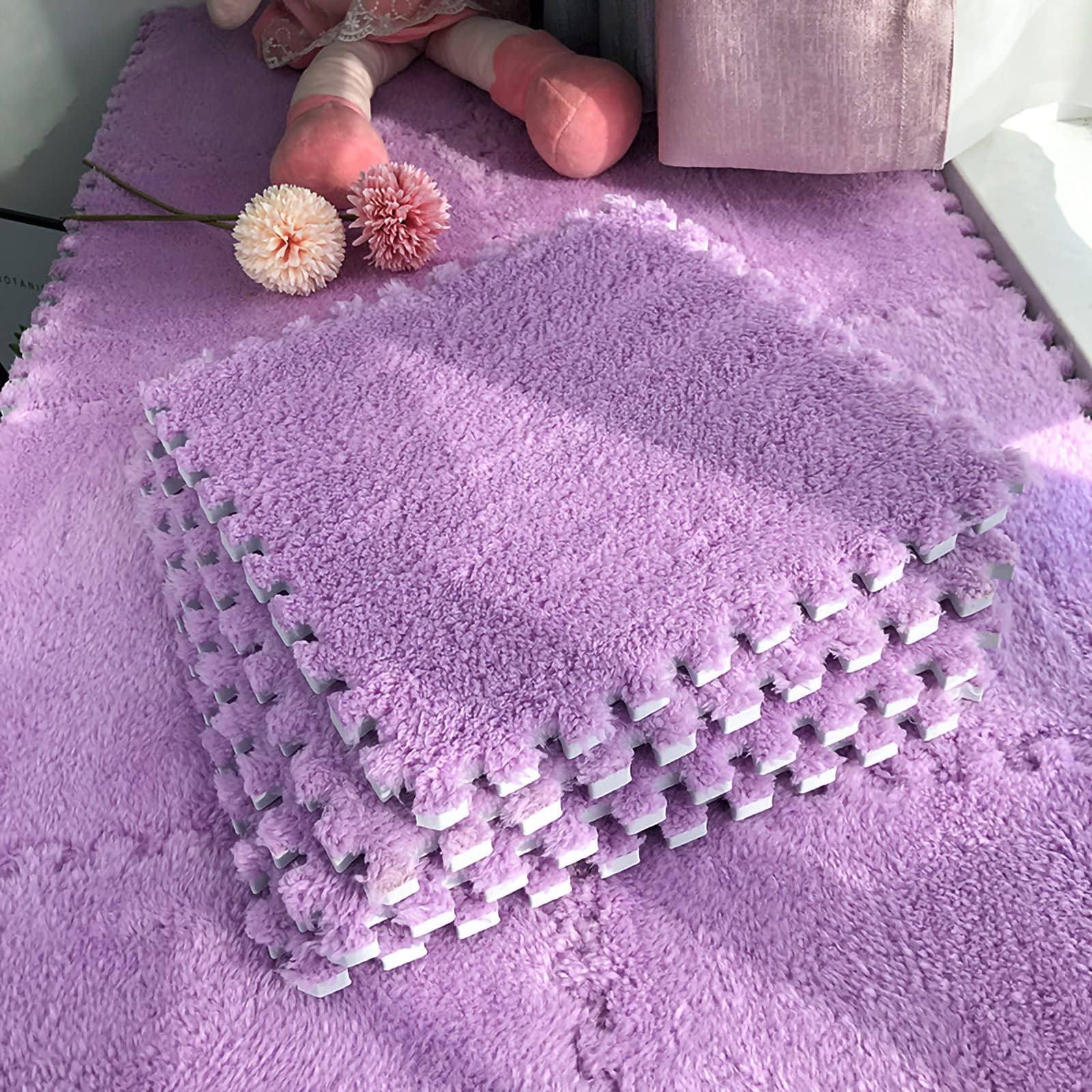 12pcs Tiled Puzzle Play Mats Interlocking Shaggy Soft EVA Foam Mats Protective Floor for Children Kids Room Home Parlor Bedroom(Purple)