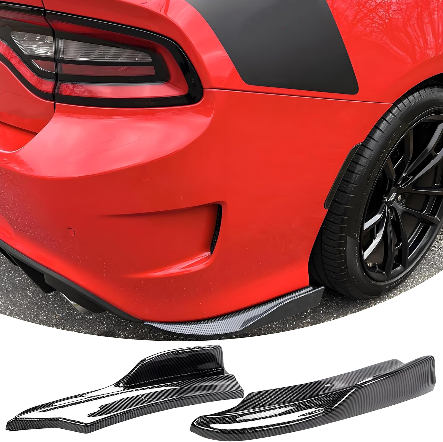 Rear Bumper Spoiler Lip Diffuser Splitter Protector Fit for Dodge Charger SRT, R/T 392, GT, Daytona, Scat Pack 2015-2023, Rear Bumper Side Apron Spat Valance Accessories (Carbon Fiber Style)