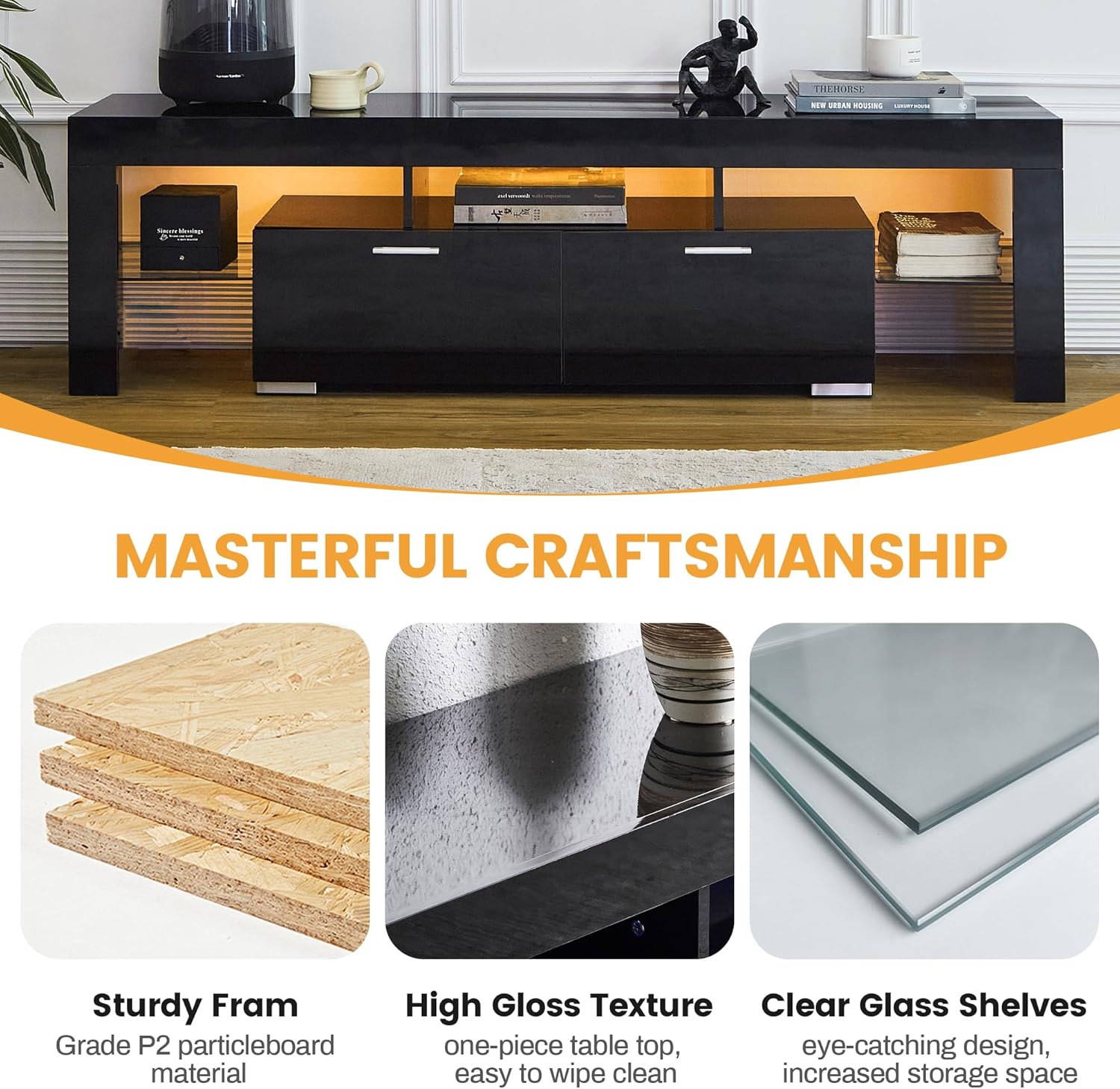 Kiztir TV Stand for Living Room, Classic Black Modern TV Stand with Cabinet and LED Lights, High Gloss Entertainment Center TV Consoles for Bedroom, Up to 70" TV (Black)