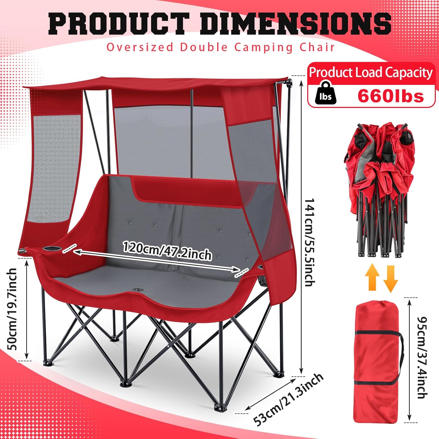 Teenyyou Double Camping Chair with Canopy Shade 660lbs Heavy Duty Beach Chair, Portable Folding 2 Person Camping Loveseat with Cup Holder and Storage Bag for Lawn Beach Outdoor Sport(Red and Grey)
