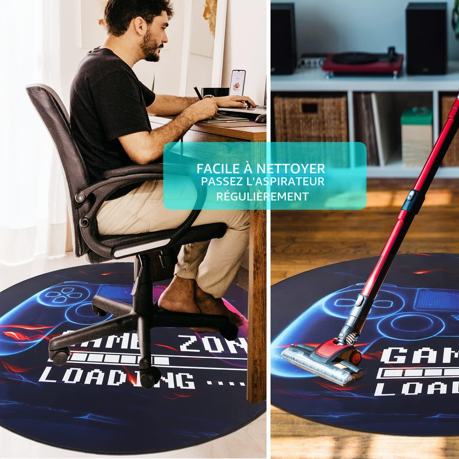 Capslpad Tapis de chaise de jeu antidérapant pour sol en bois dur - Protection de sol en caoutchouc pour salle de jeu, décoration de maison et bureau (rond, 120 cm, noir)
