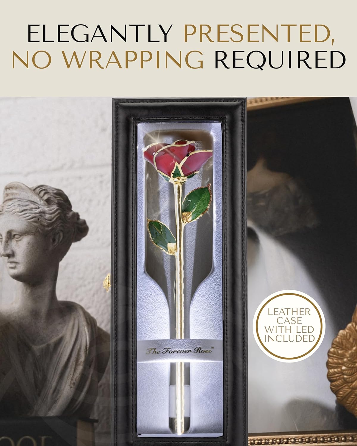 Forever Rose Gold Trimmed Red Open Bloom Real Rose Dipped in 24K Gold, Ready to Gift, Presented in Vegan Leather Case with LED Light, Unique & Everlasting Gift for Any Occasion