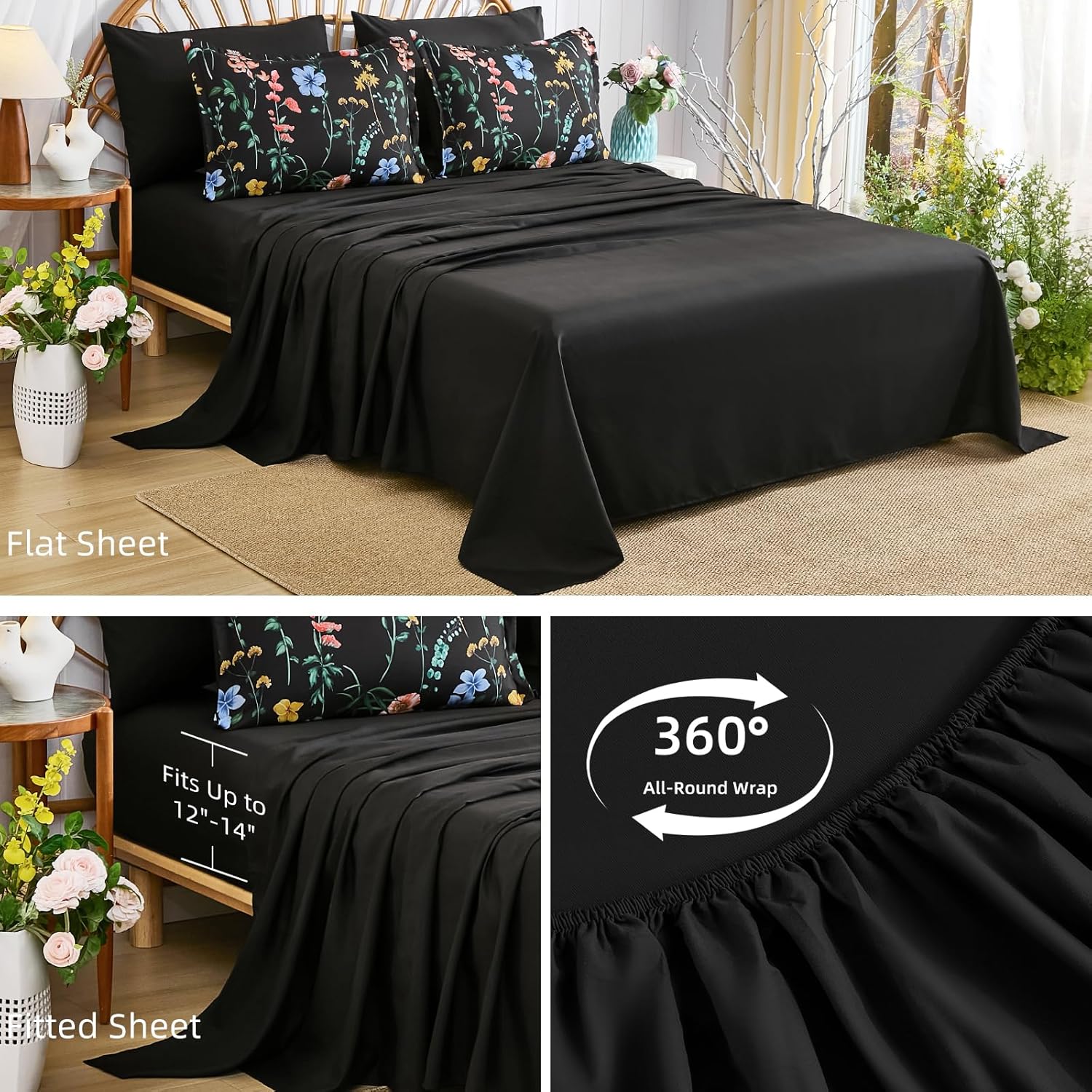 DJY Black Floral Comforter Set Queen Size,Black Pink Botanical Bedding Comforter Sets,7 Pieces Bed in a Bag Lightweight Microfiber Comforter Set with Sheets Pillowcases & Shams for All Seasons - Image 4