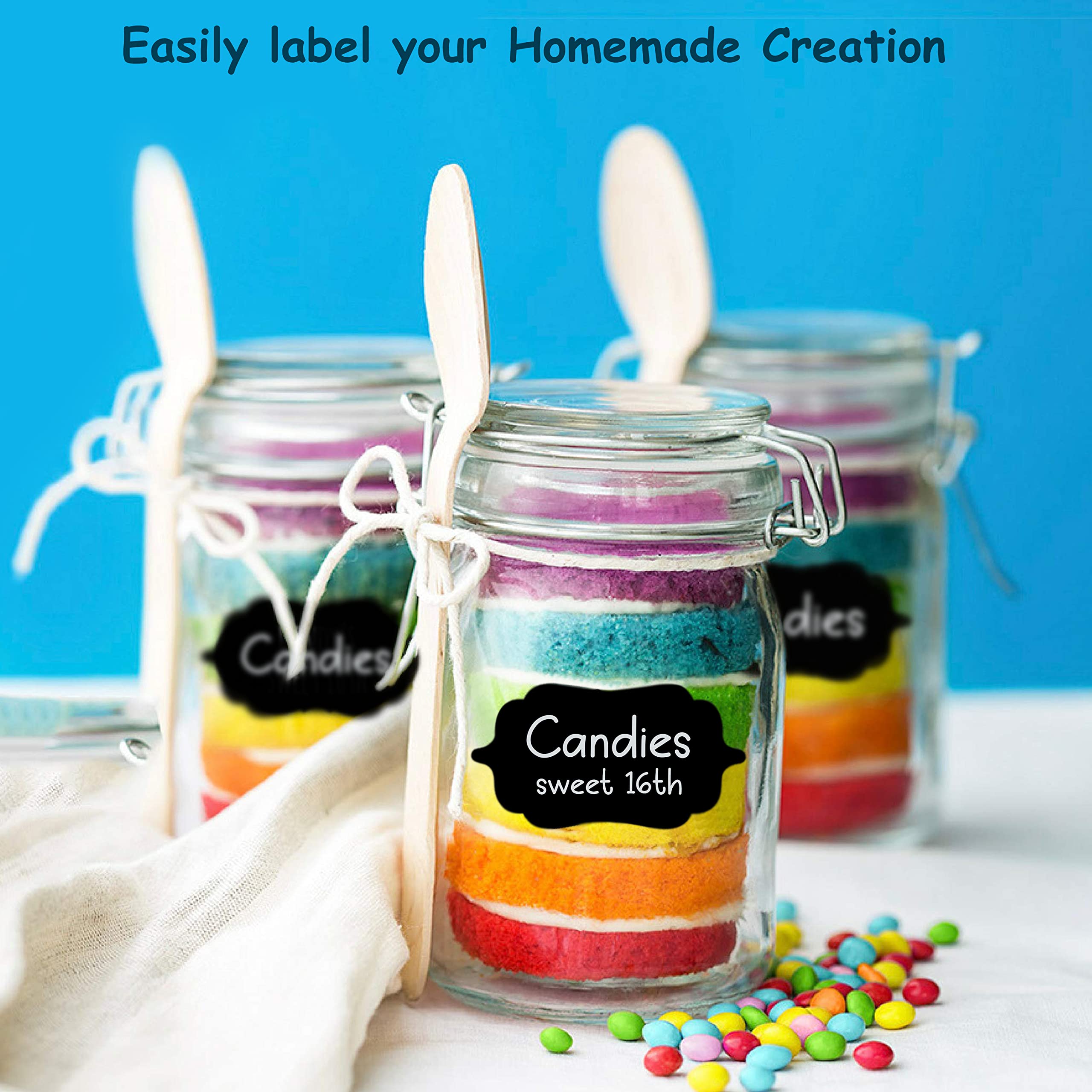 Clickedin 84 Pc Vinyl Black Stickers for Mason Jars Glass Bottles, Decals Craft, Kitchen Waterproof Jar Labels Stickers with Pencil (12 Same Shapes 2.5 Inch x 1.25 Inch) 1