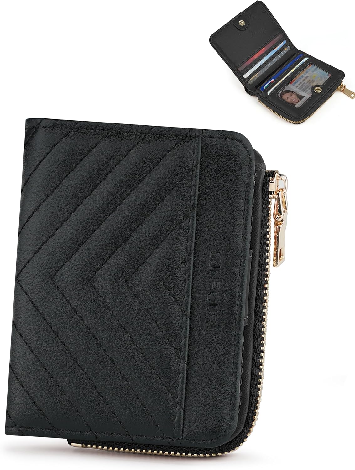 Small Bifold Wallets Woman RFID Mini Wallet for Women Slim Card Holder with Zipper Coin Pocket & 2 ID Windows (Black)