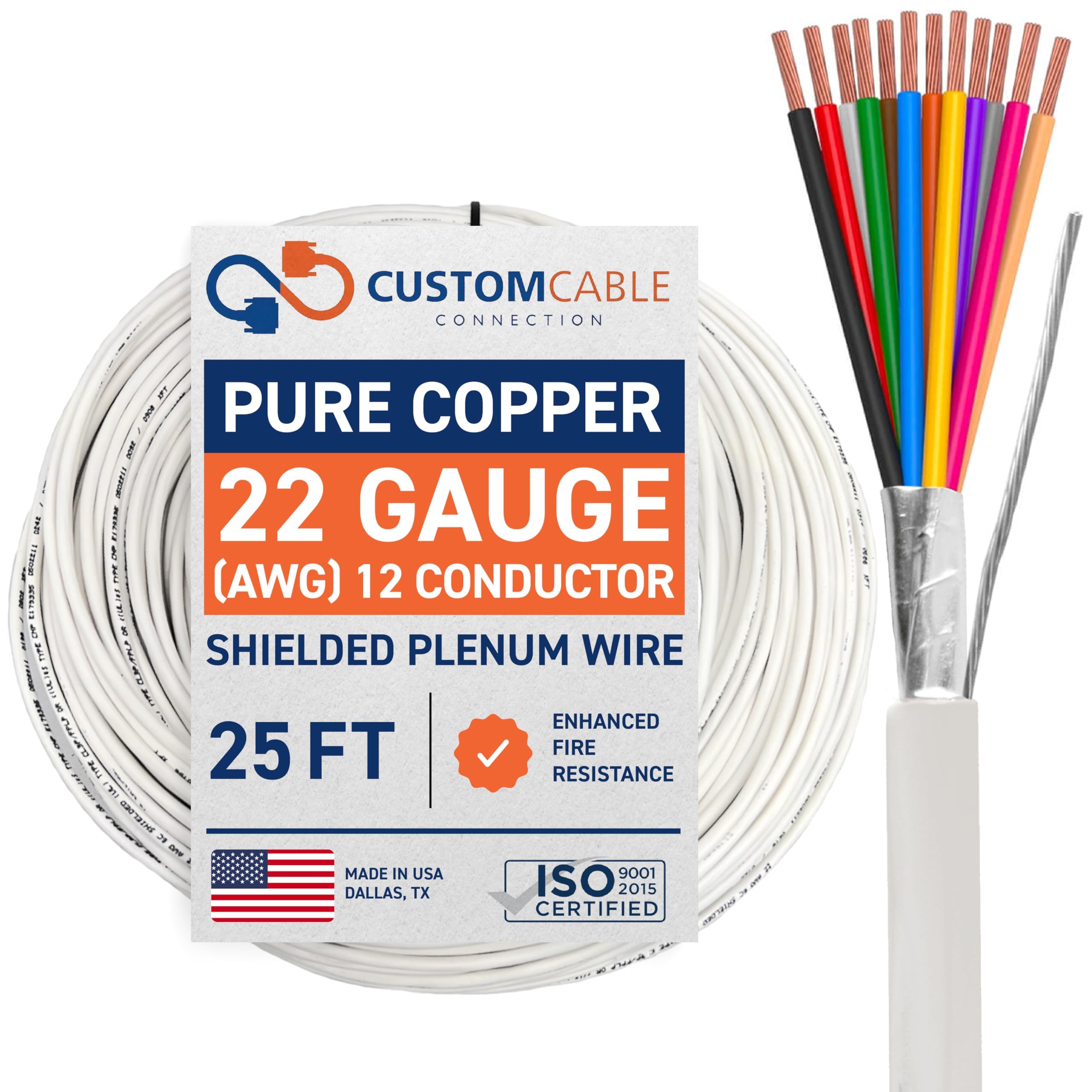 22 Gauge Wire (22 AWG) - 12 Conductor Stranded Copper Shielded Cable - UL Listed 22/12 Home Electrical Wire - Low Voltage Up to 300V - CL3P Low Smoke