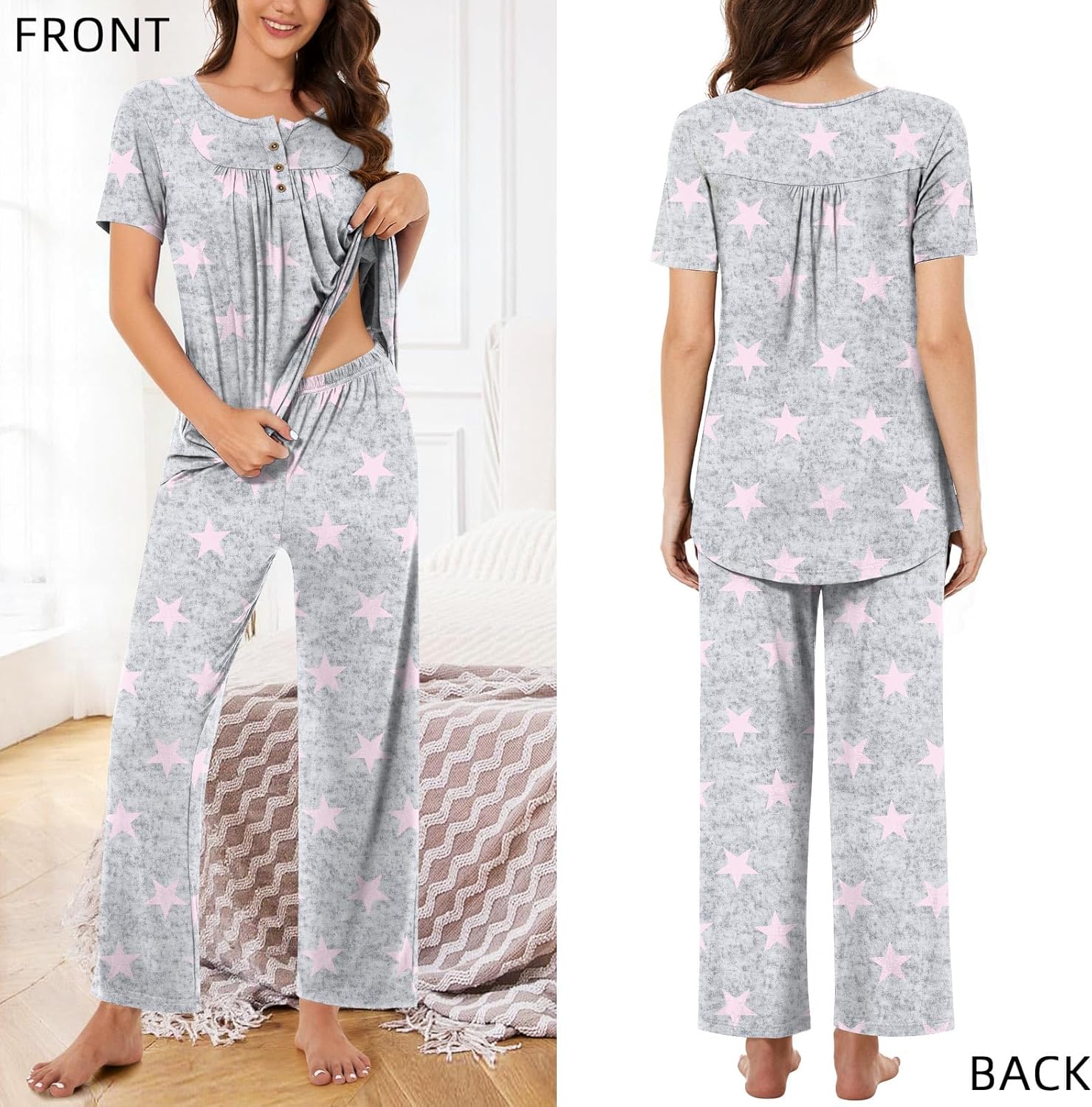 Bestbee Women's Pajama Sets 2 Piece Summer Sleepwear Lounge Outfits Short Sleeve Long Pants With Pockets Ladies Pjs - Image 4