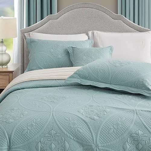 Miniatura 7 de Colcha  Funda de cama de tamaño matrimonial  Juego de colcha moderno y contemporáneo, costuras reales, reversible, ligero, 4 piezas, Seaglass