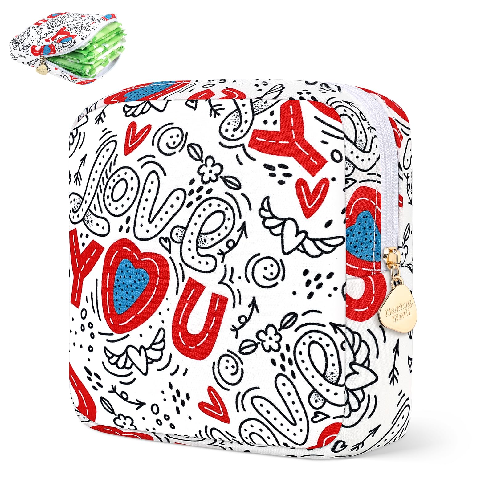 Sanitary Pad Storage Bag Portable Period Bag for Teen Pads/Sanitary Napkins/Small Tampons, Sanitary Napkin Storage Bag First Period Gifts for Teen Girls (Love Graffiti)