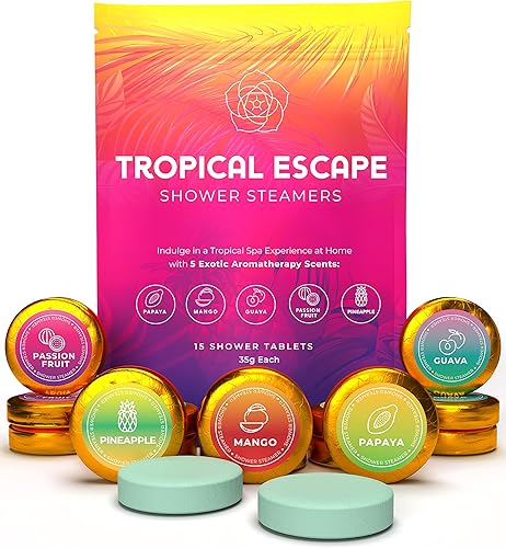 Vaporizadores de ducha de aromaterapia, paquete de 15 aromas exóticos afrutados, experiencia de spa relajante, regalo ideal para mujeres y hombres