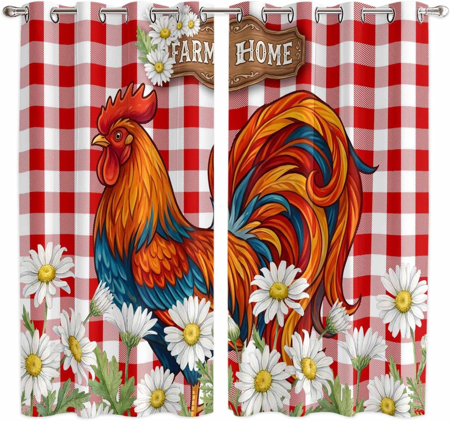 Buffalo Plaid Kitchen Curtains Window Drapes Treatment, 2 Panels Sheer Curtains for Kitchen Cafe Office, Farm Home Rooster Daisy Flowers 80W x 63L inch