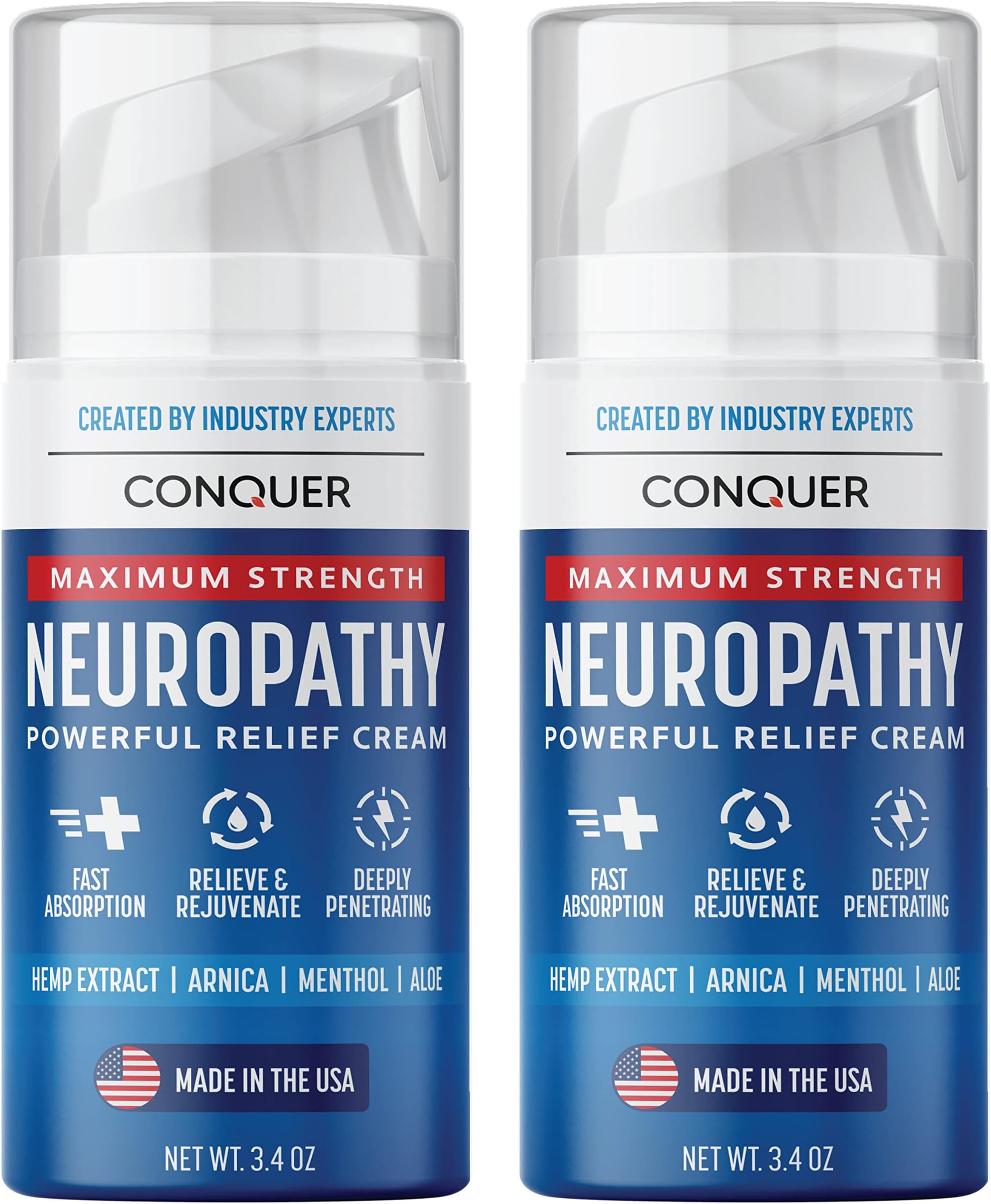 Conquer Products | Neuropathy Cream | Feet, Hands, Legs, Toes | with Arnica, Aloe, Hemp, Menthol (2 Large)