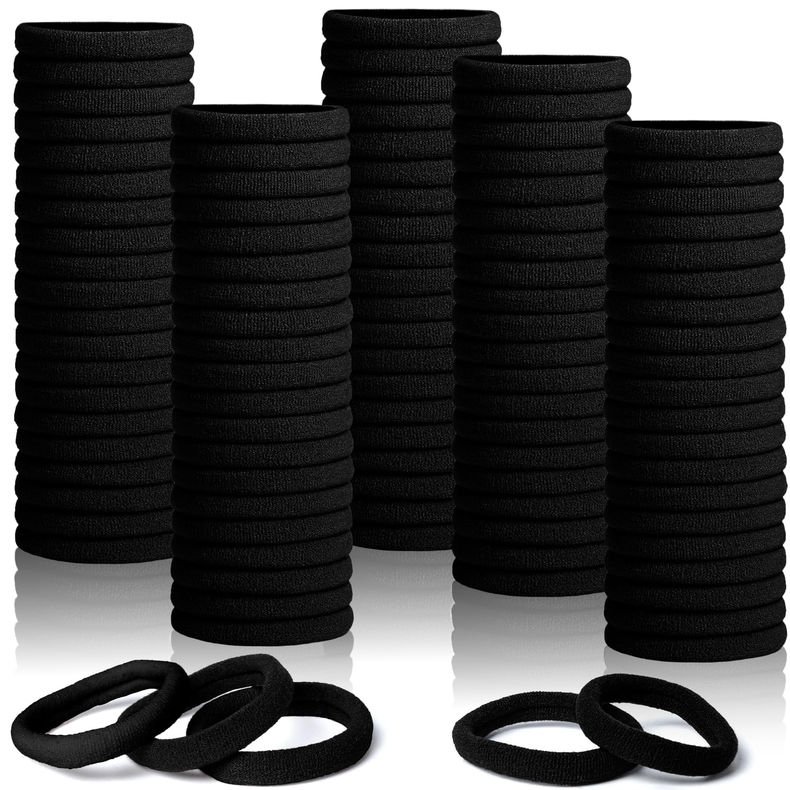 Rongyman 100 Pcs Black Hair Ties, Headbands for Women Girls Kids, No Damage Seamless Hair Ties for Thick Hair, Rubber Bands for Hair, Soft Ponytail Holders Elastic Hair Ties