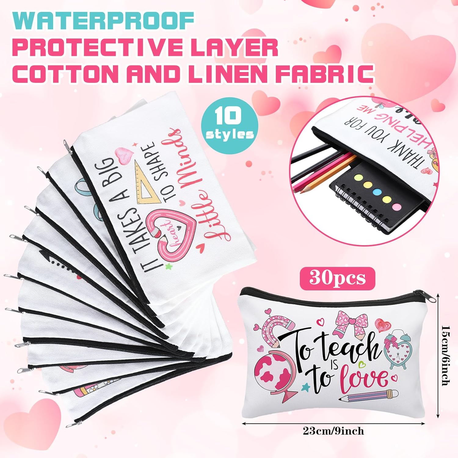 Irenare 30 Pcs Teacher Gift Bulk for Women Makeup Bags Teacher Week Canvas Cosmetic Pencil Pouch Zippered Toiletry Bags Appreciation Thank You Gifts for Teachers
