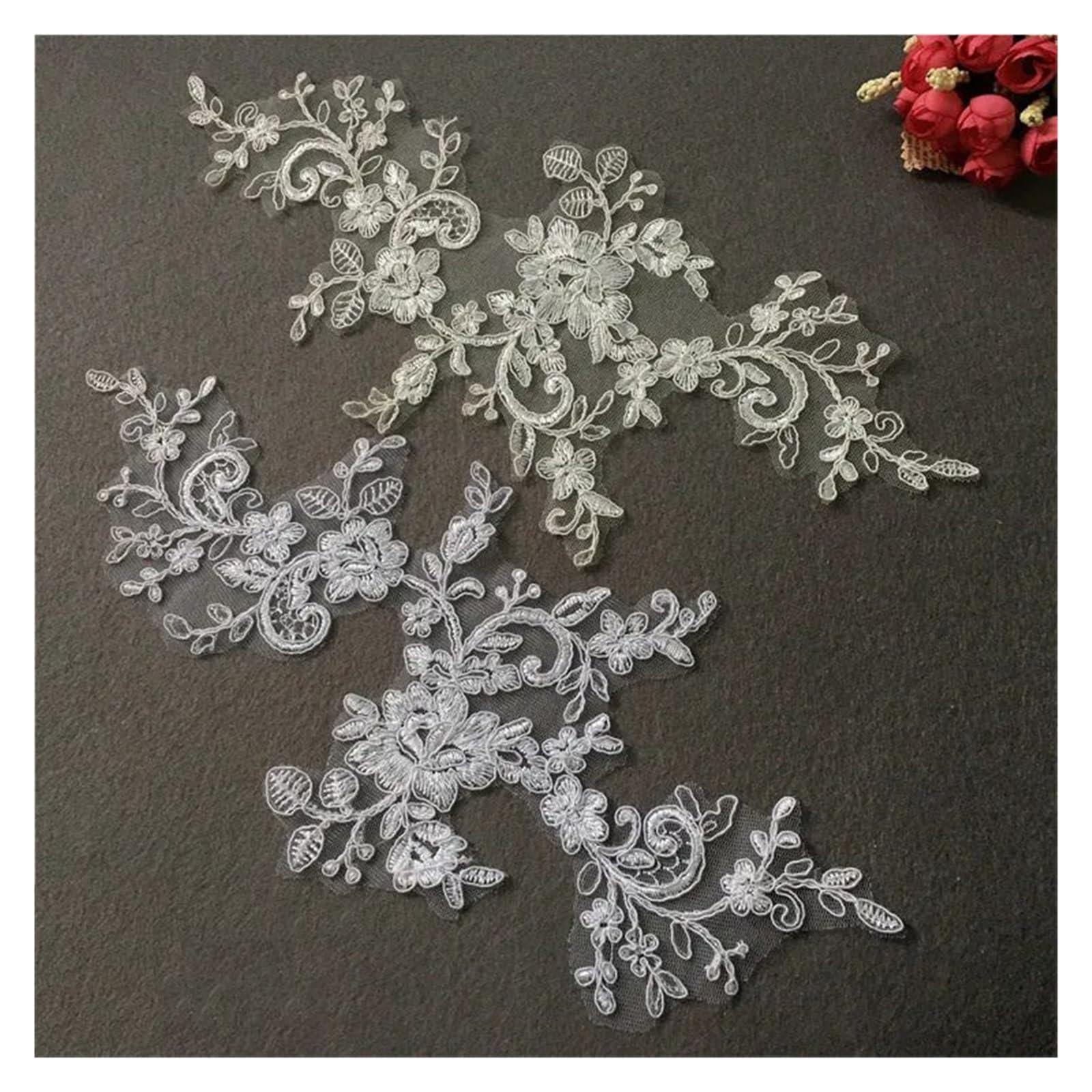 Naszywki ozdobne do strojów wieczorowych, Haftowana koronkowa aplikacja wykończenia welon DIY ręcznie robione(White)