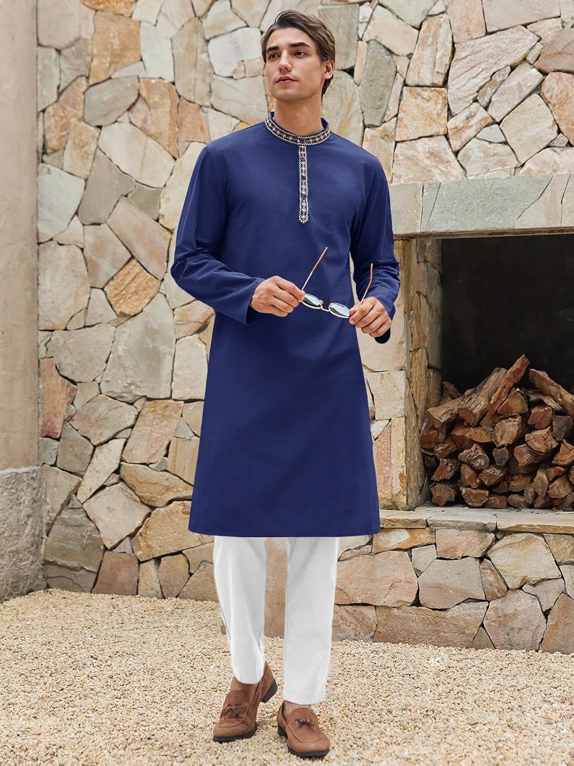 Runcati Mens Cotton Kaftan Robe Long Sleeve Button Down Henley Shirts Thobe Casual Side Split Gown Shirt - Image 4