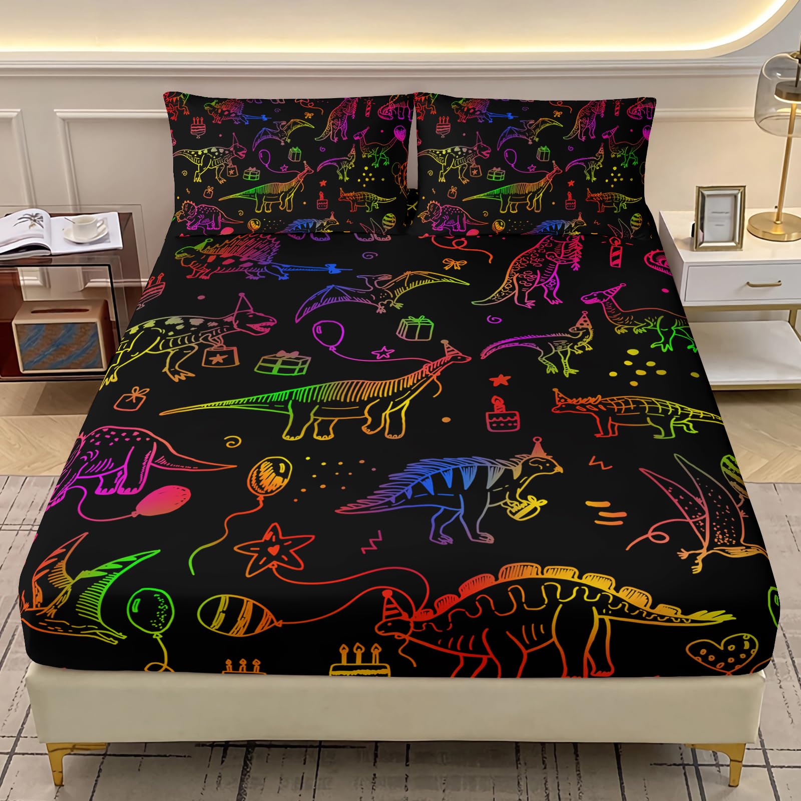 AILONEN Cartoon Dinosaur Full Size Fitted Sheet Set,Neon Line Graffiti Animals Bedding Set 3Pcs,Gift for Kids Teens Boys Girls,Black Bed Sheet with 2 Pillowcases
