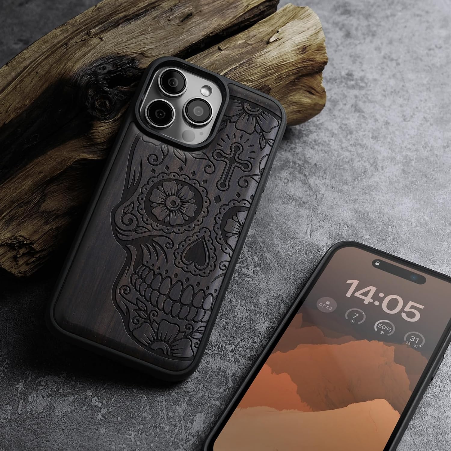 Carveit Magnetic Wooden Case for iPhone 16 Pro Max Case, Wood Artisan Engraved & Black Soft TPU Shockproof Cover, Compatible with MagSafe Wireless Chargers (Sugar Skull) Blackwood