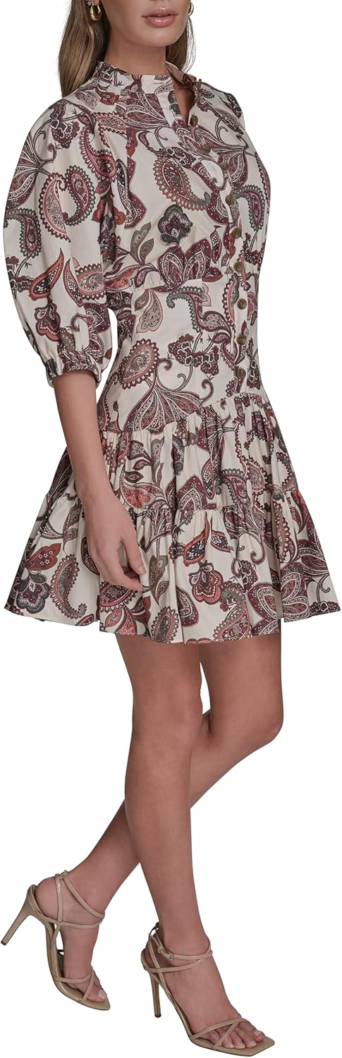 BCBG Womens Short Puff Sleeve Faux Collar Cotton Fit & Flare Mini Dress - Image 4