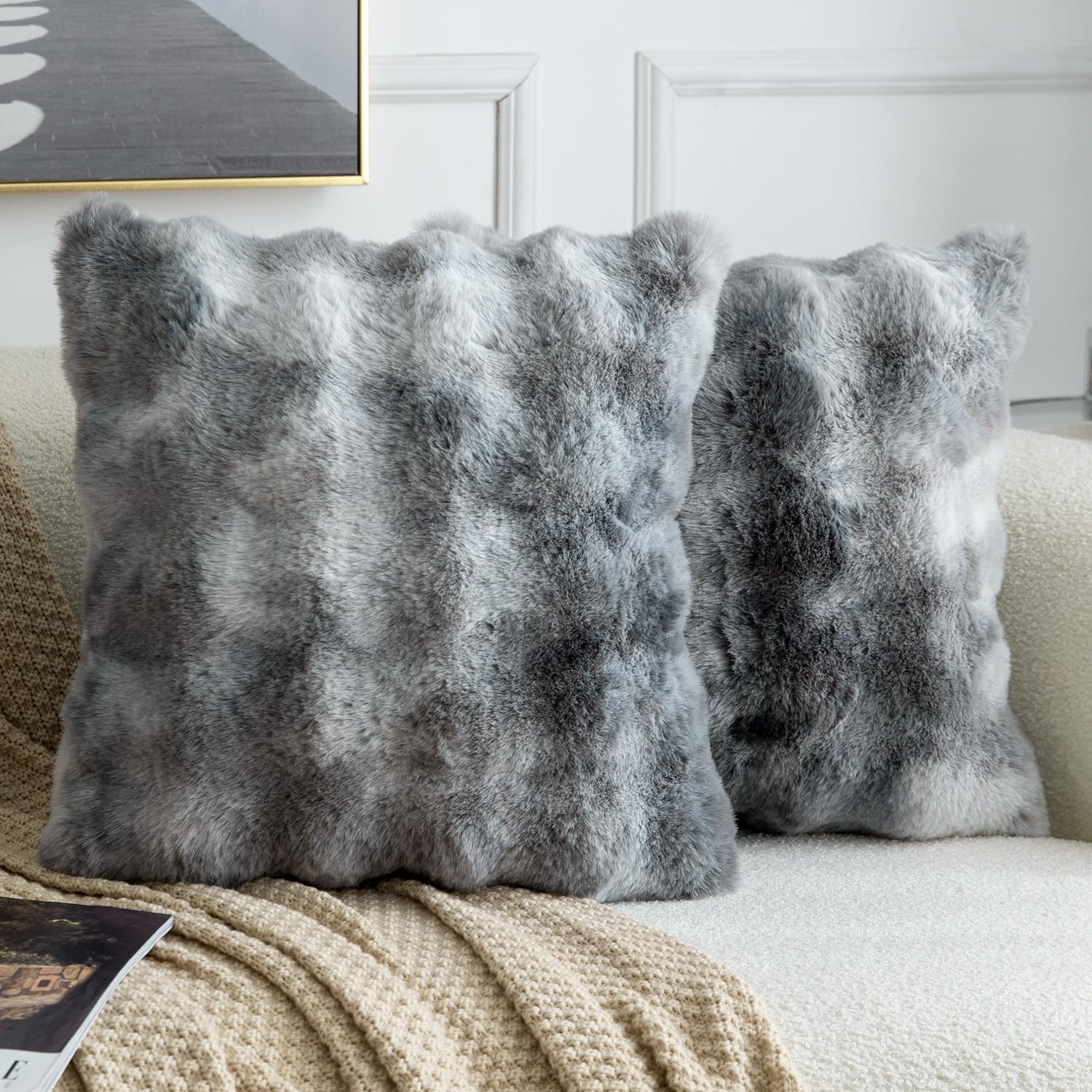 Madizz Pack of 2 Thick Plush Faux Wool Cushion Covers 45x45 cm Mottled Grey Soft Neutral Decorative Throw Pillow Covers Accent Boho Pillowcases for Couch Sofa Bedroom Pillow Shell