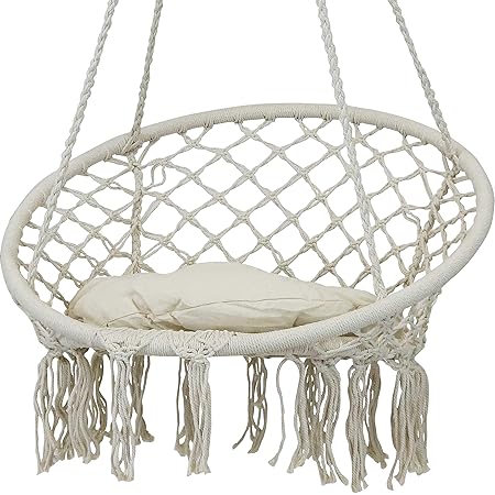 Amazon.com: Sunnydaze Hamaca de macramé bohemio con cojín de asiento y  borlas, accesorios de montaje incluidos, uso en interiores o exteriores,  cuerda de algodón, color blanco : Sunnydaze Decor: Patio, Césped y