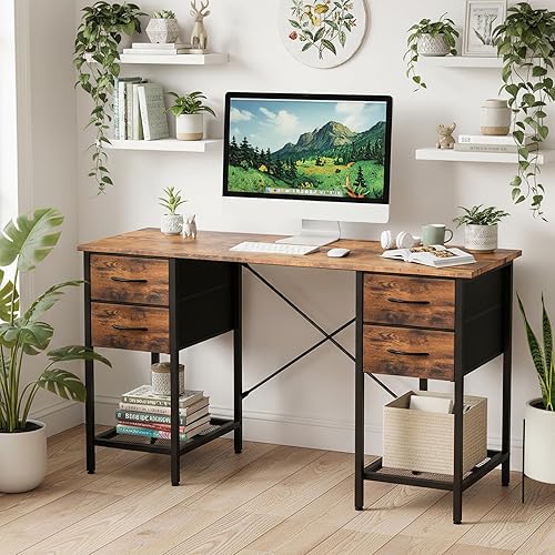 Sweetcrispy Computer Desk with Drawers, 47 Inch Home Office Bedroom Table with 4 Fabric Drawers & 2 Mesh Storage Shelves, Wood Table with X-Shaped Structure for Writing Study PC Desk, Brown