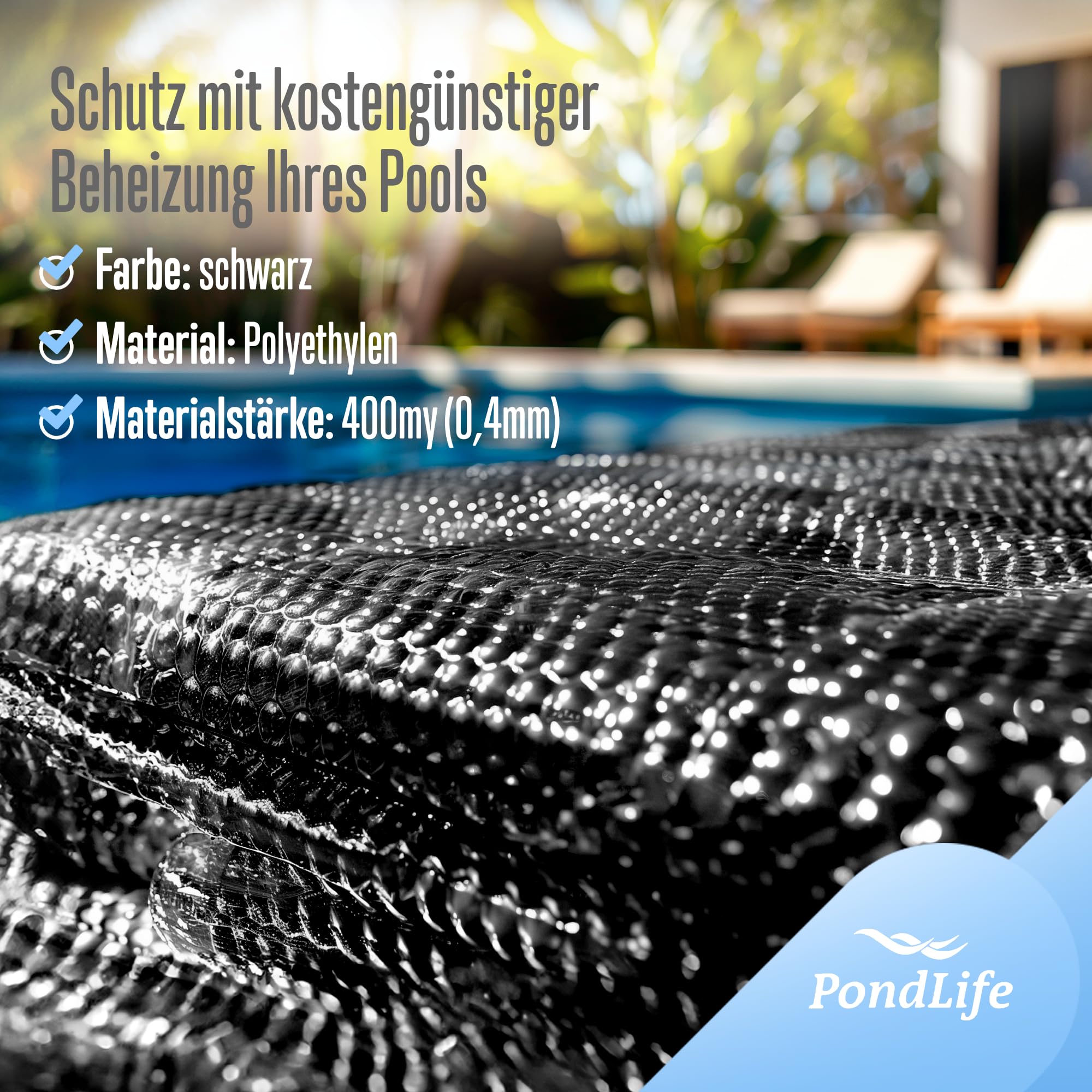 Pondlife Solarfolie schwarz eckig, 400µ, 2x4m, Noppenfolie Poolabdeckung zuschneidbar, Poolheizung Wärmeplane