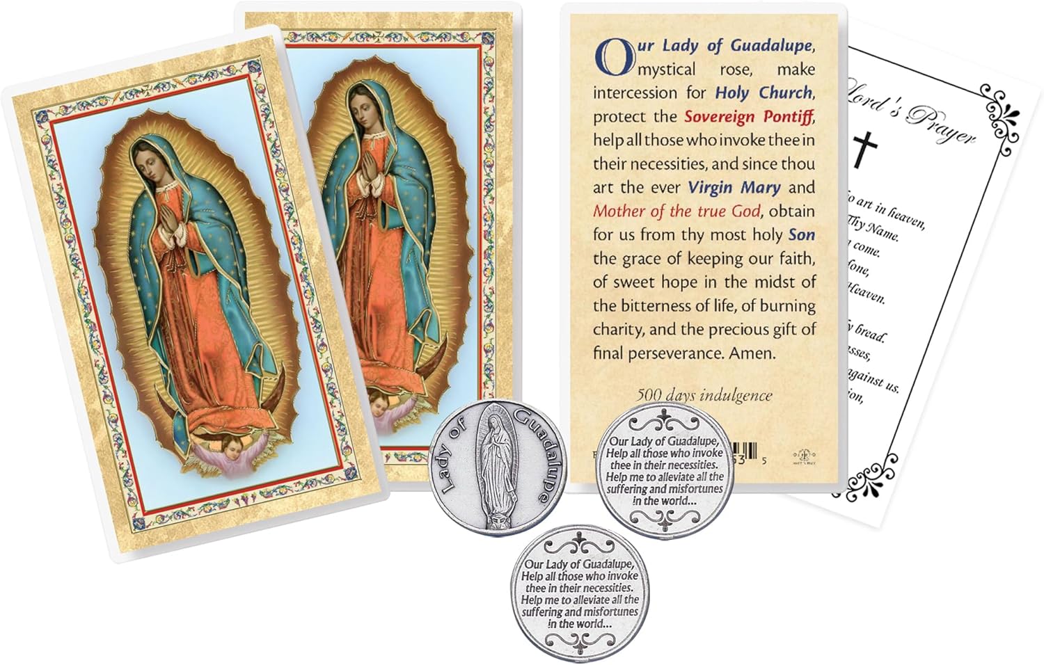 Trendzeen Lady Guadalupe Prayer Card - Laminated Our Lady of Guadalupe Holy Cards, Catholic Virgin Mary Token, The Lord's Prayer - Set of 7 Items