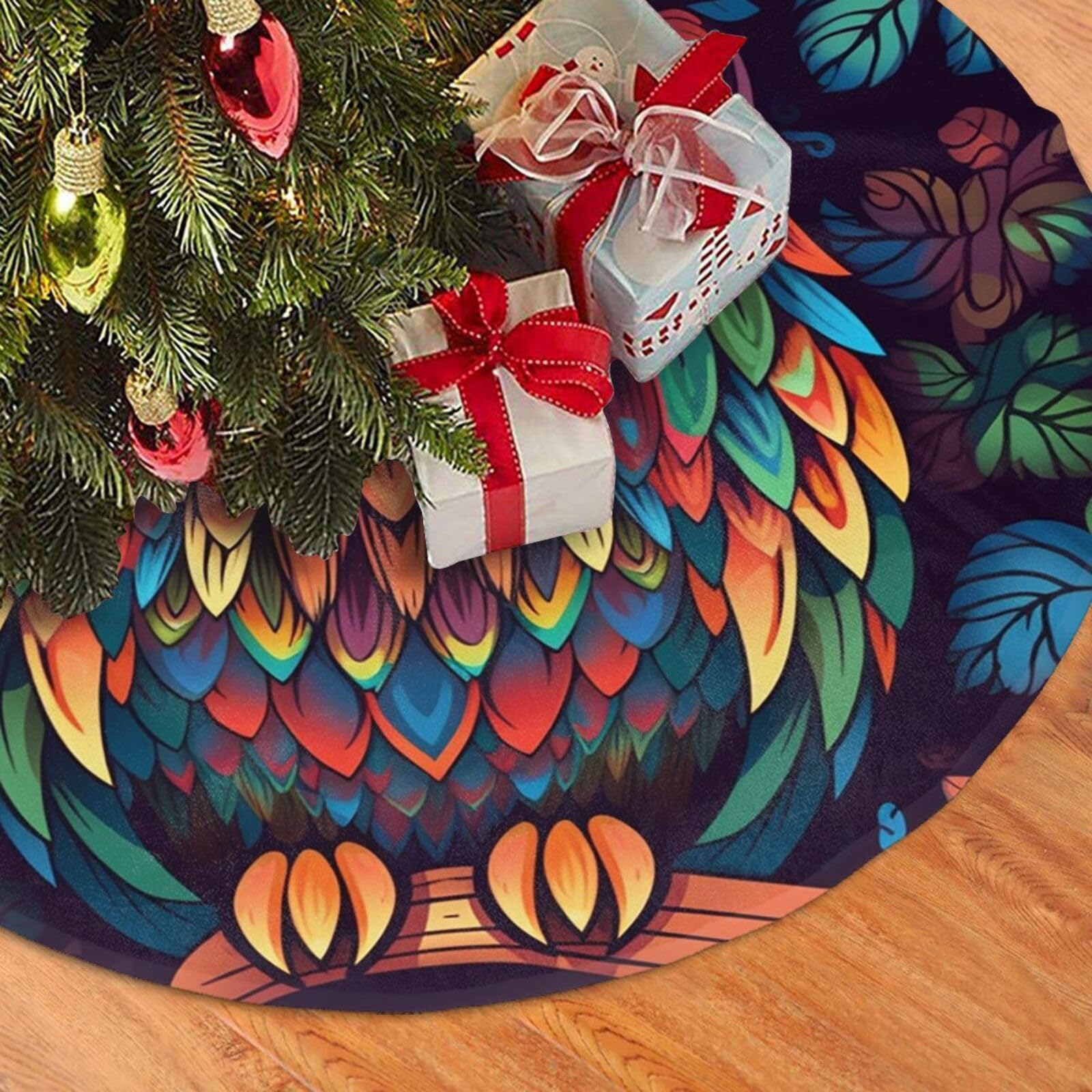 Fodpand Black Color Owl Pattern Christmas Tree Skirt 36" Velvet Xmas Tree Skirt Mat Rustic Christmas Tree Mat Cover Winter Xmas Tree Collar For Indoor Outdoor Christmas Decorations