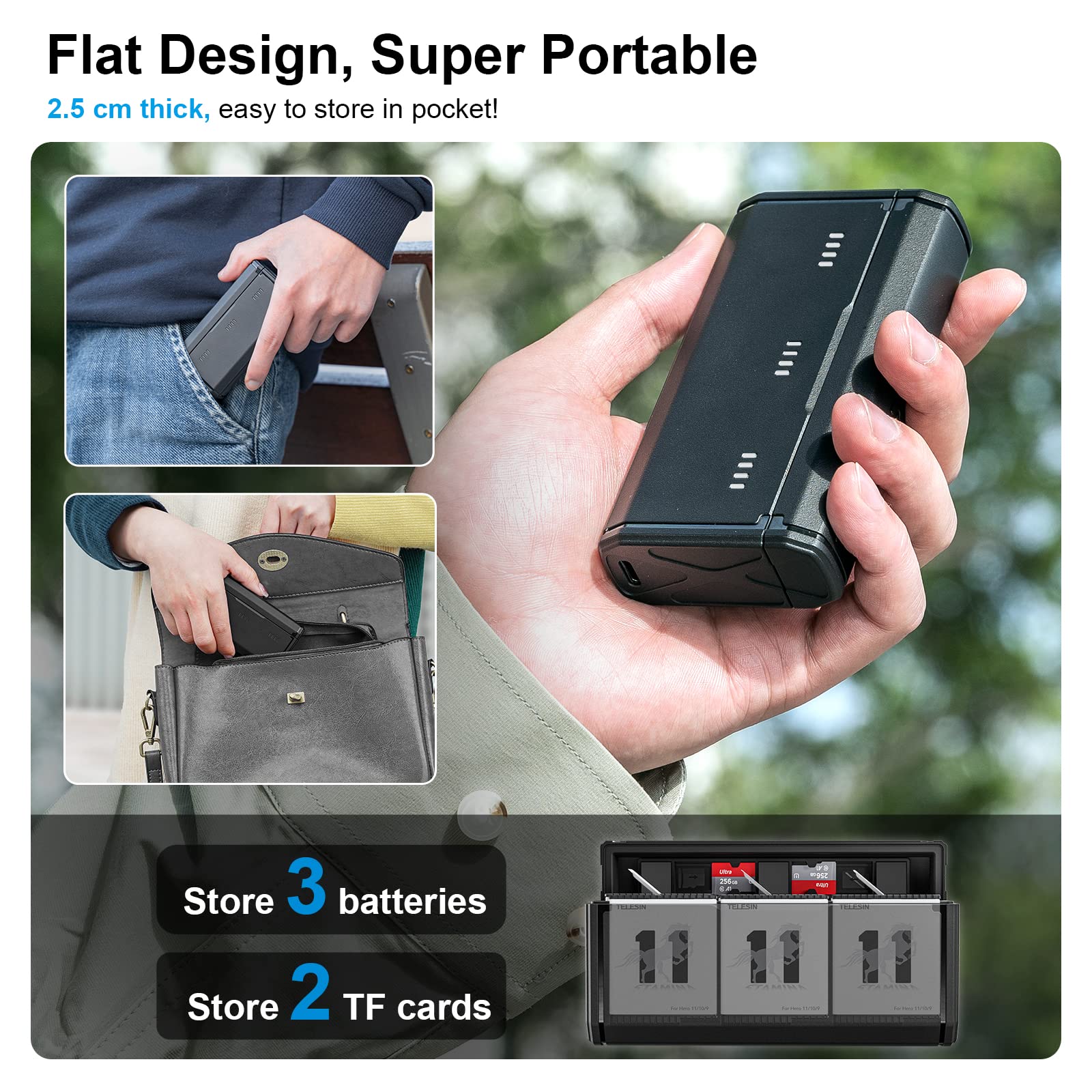 TELESIN Cargador de Batería para GoPro Hero 12 11 10 9, Carga Rápida, Diseño Portátil, 3 Ranuras, Almacenamiento de 2 Tarjetas TF, Consulta de Energía, para Enduro y Batería Estándar, Accesorios