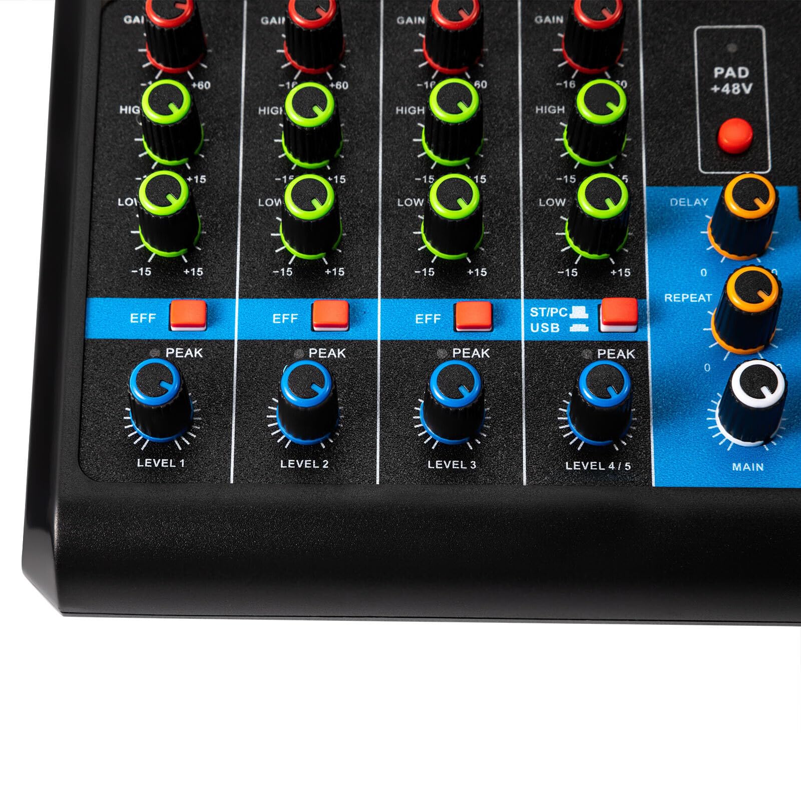 5-Kanal-Stereo-Sound-Mischkonsole, 5 Kanal USB Bluetooth Mixer Live Studio Audio Verstärker DJ Mischer DJ-Mischpult für PC Live Performance KTV Home Stage Musik Effekte Soundkarte