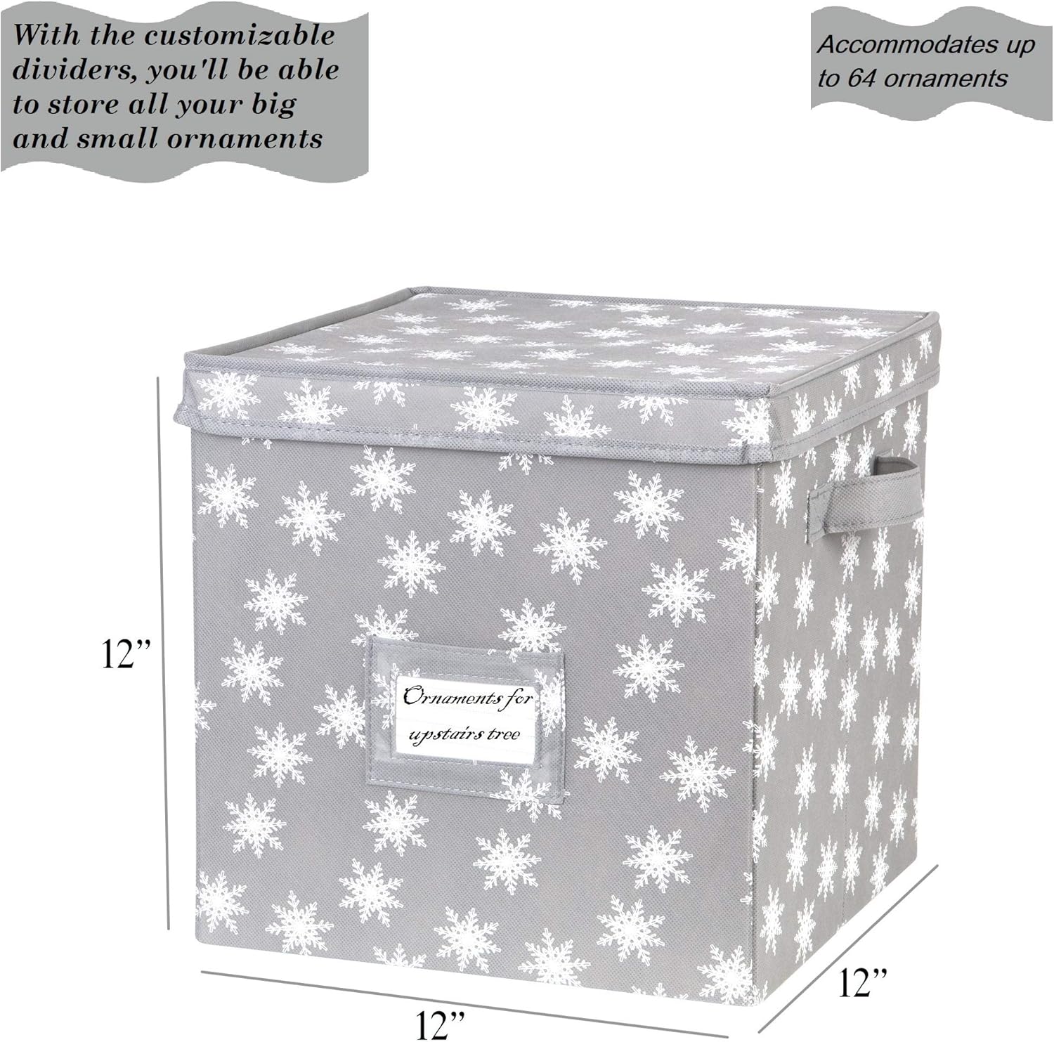HOLDN’ STORAGE Christmas Ornament Storage Box with Lid - Christmas Decor Storage Containers that Store up to 64 Holiday Ornaments - Grey/White Snowflakes