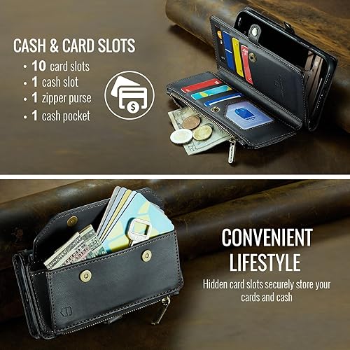 Miniatura 8 de Strapurs Funda cruzada para iPhone 13 Pro Max con bloqueo RFID, con ranura para billetes de 10 tarjetas, correa magnética de piel sintética suave