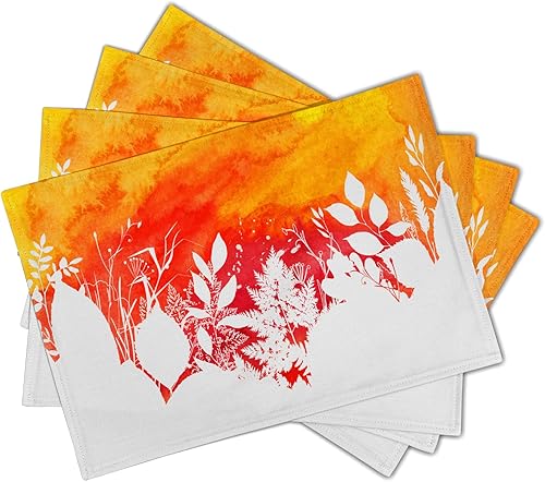 Miniatura 2 de Juego de 4 manteles individuales de otoño, manteles individuales abstractos con hojas de otoño amarillas y naranjas, plantas botánicas para el