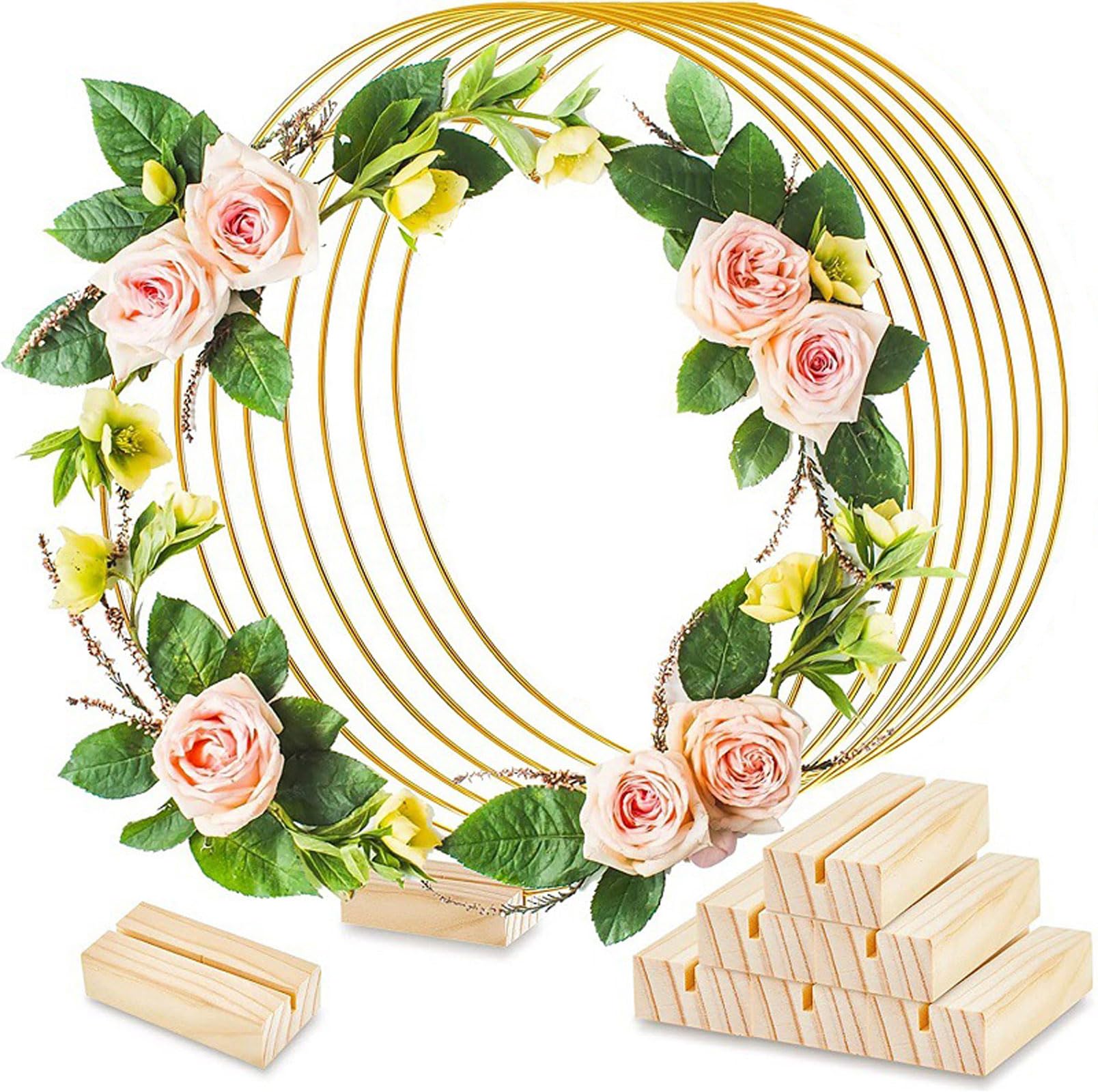 Set di 4 Cerchi Floreali in Metallo Dorato con 4 Supporti in Legno per Decorazioni di centrotavola Nuziali, ghirlande da Appendere al Muro, acchiappasogni e Materiali per lavori di