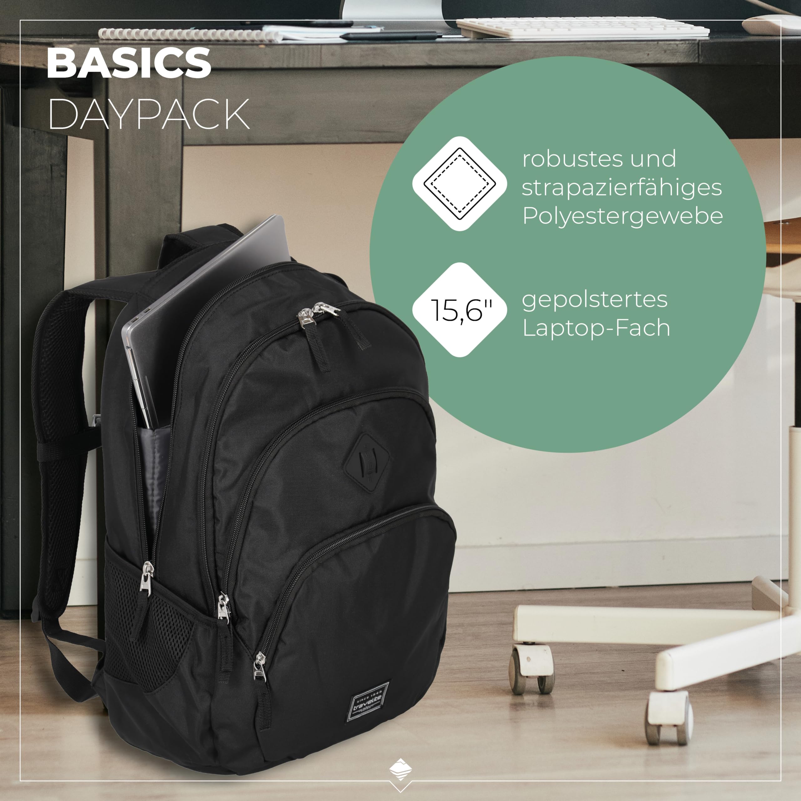 Travelite Handgepäck Rucksack, Laptop Rucksack 15,6 Zoll, BASICS, Daypack, Tagesrucksack mit vielen Fächern, 45 cm, 22 Liter