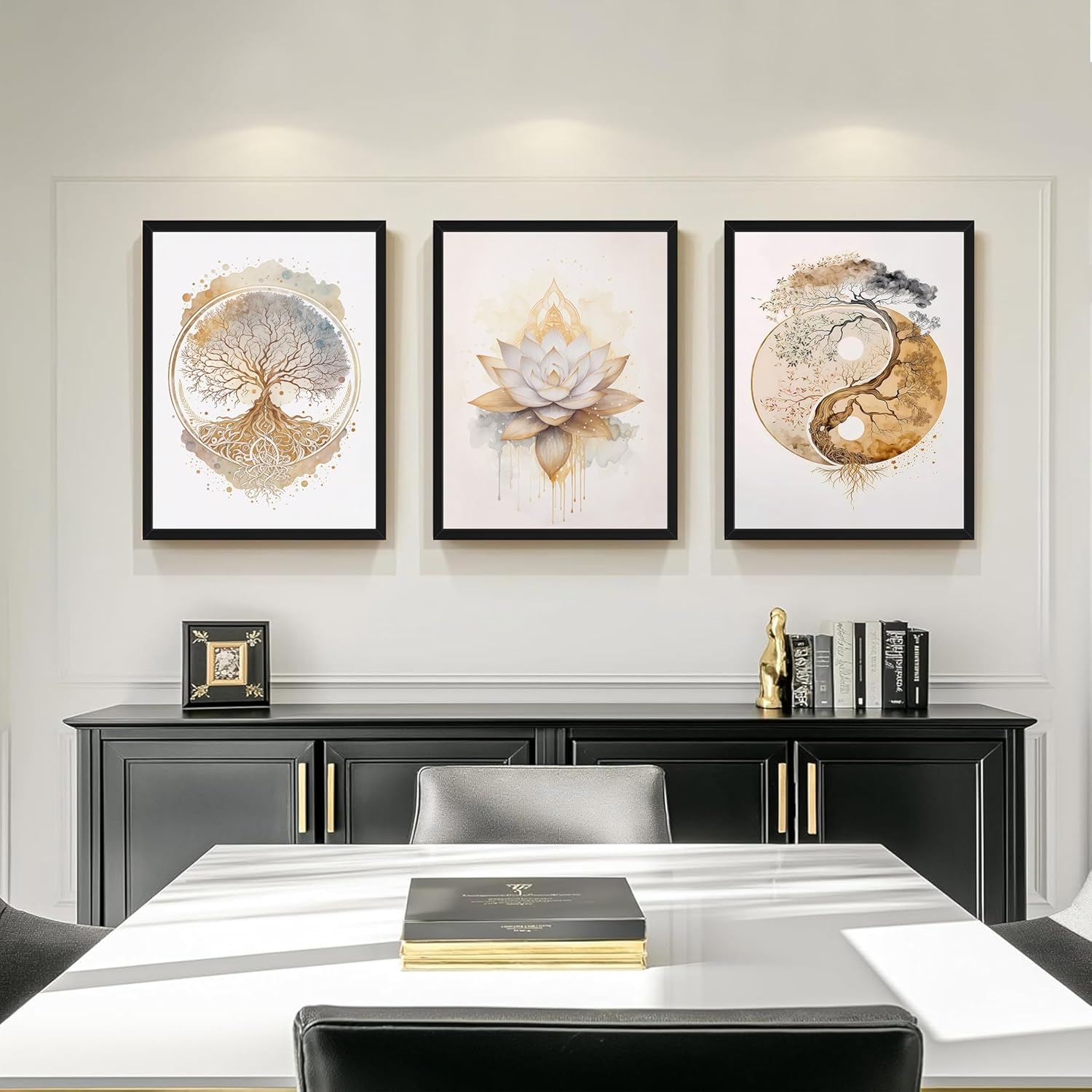 Wood Framed Tree of Life Wall Art Set of 3, Modern Gold Lotus Zen Canvas Wall Decor Paintings, Abstract Yin Yang Artwork Poster Print for Living Room Yoga Room Bedroom Home Decor 12x16 Inch