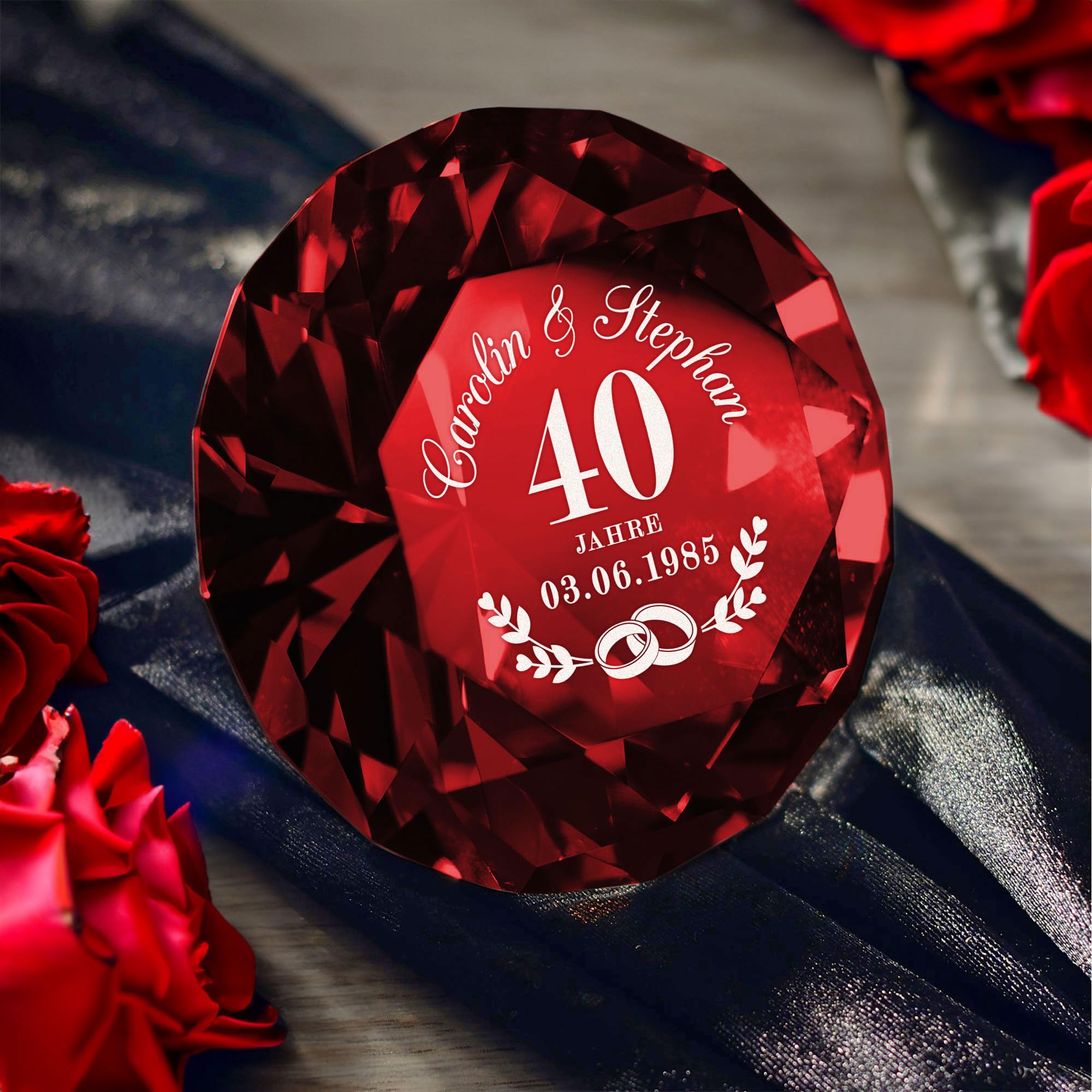 Casa Vivente Glas Kristall zur Rubinhochzeit, Diamant mit Gravur, Personalisiertes Hochzeitstag Geschenk, Kristall Deko Geschenk zum 40. Hochzeitstag, Geschenke für Paare