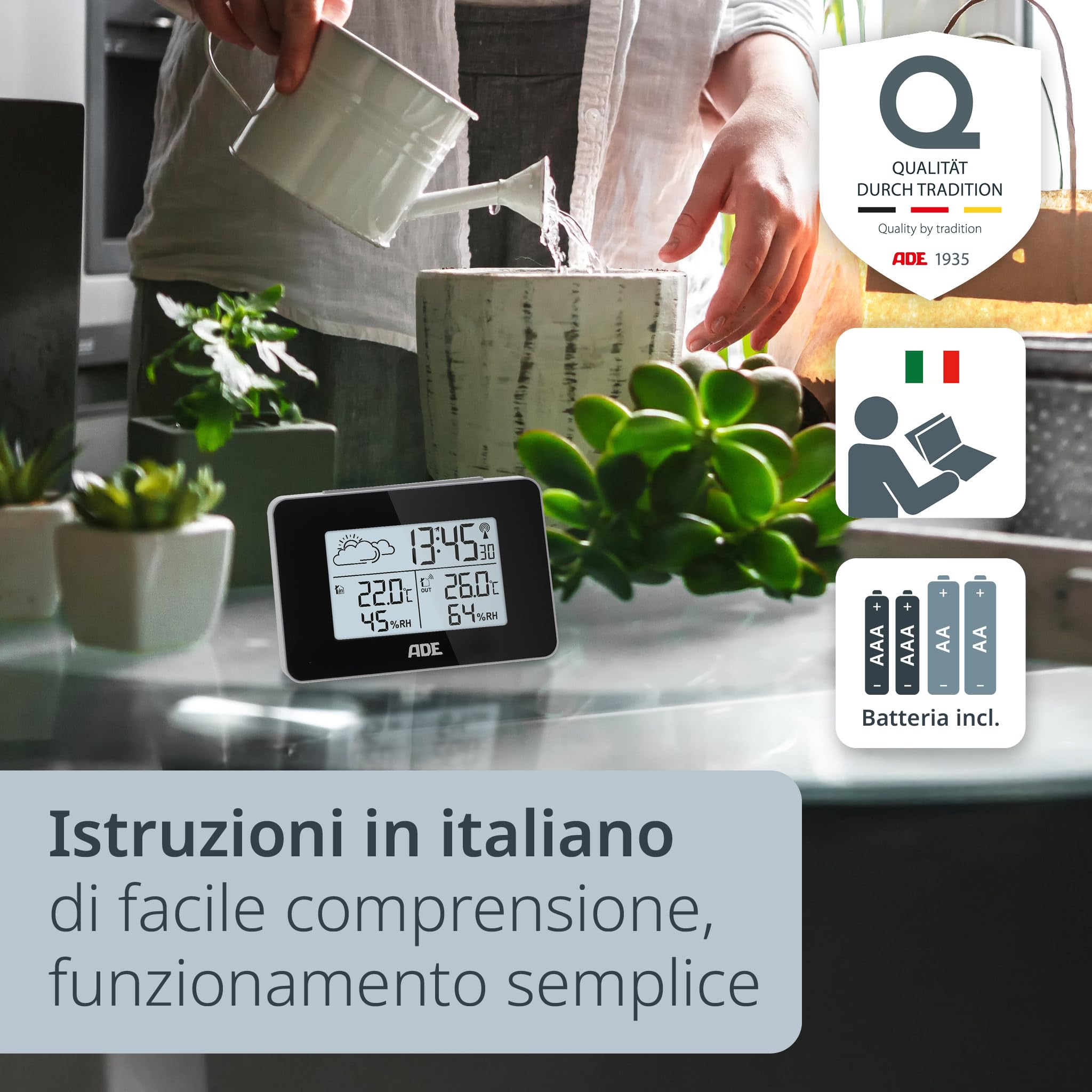 ADE Stazione meteo Digitale con Sensore Esterno | Termometro Digitale Ambiente Interno Esterno | Igrometro Umidità | Sveglia | Display a LED illuminato | nero