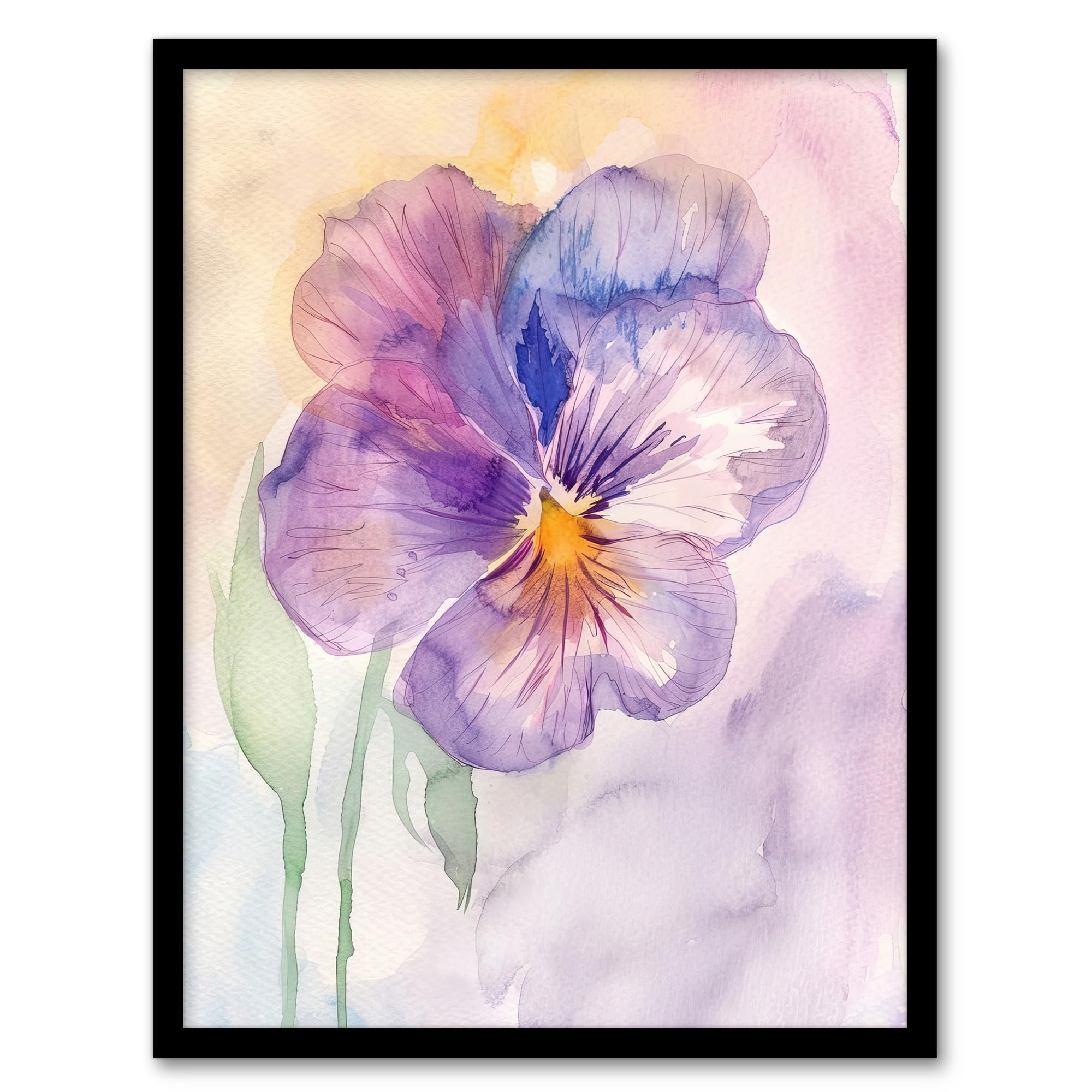 Artery8 Single Pansy Modern Watercolour Purple Floral Living Room Artwork Framed Wall Art Print A4