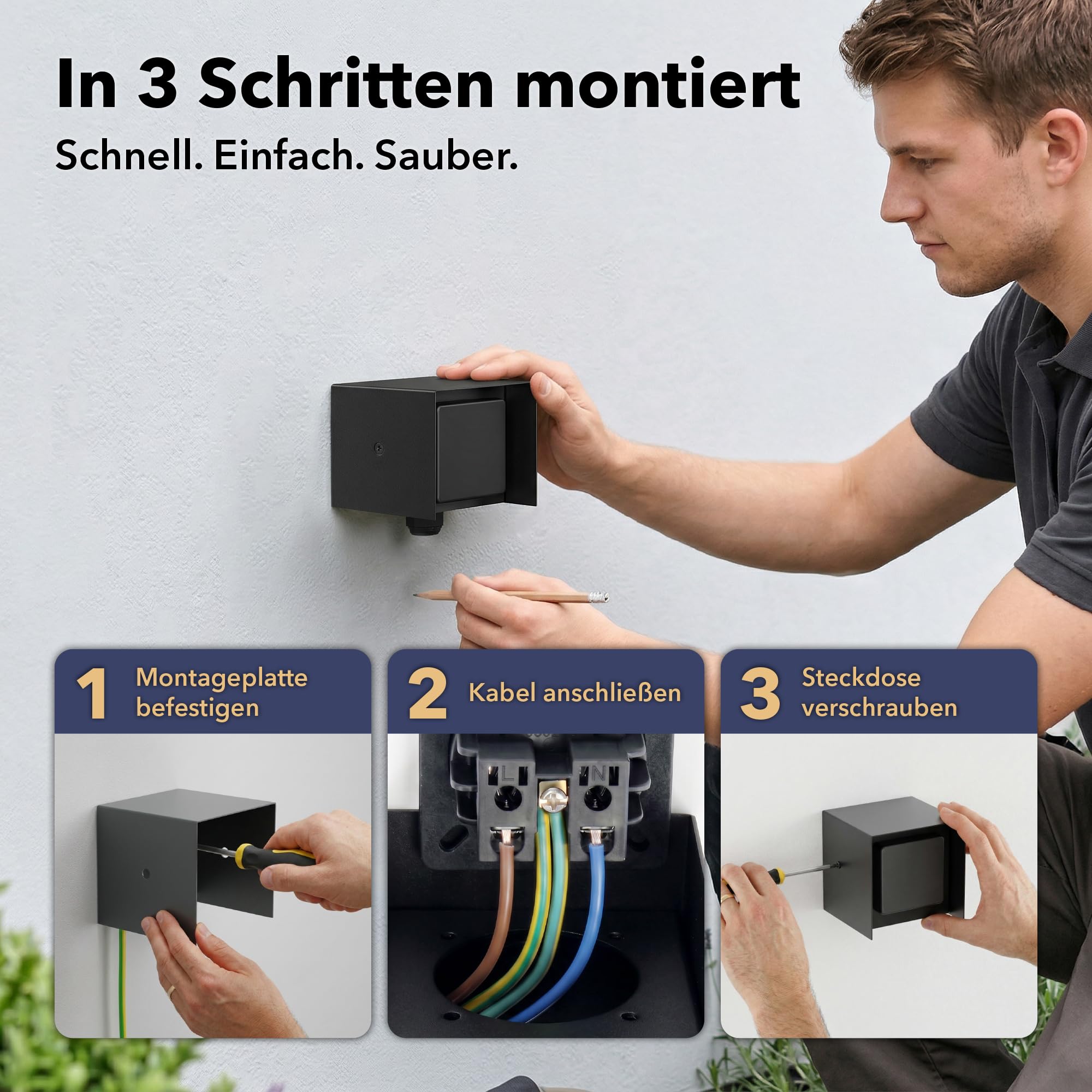 ledscom.de Toma de corriente exterior de 1 salida, 4 unidades, modelo STEDDA, IP44, acero inoxidable negro, tomas de corriente para jardín, terraza y exteriores