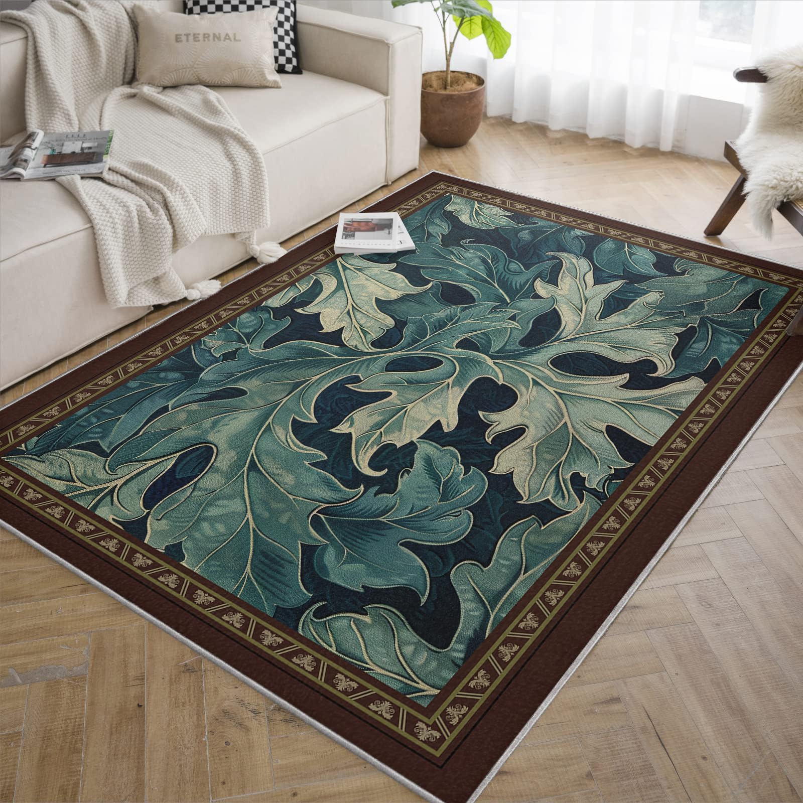 Dywaniki kuchenne z brązowymi obramowaniami, 150 x 210 cm, rustykalny turkusowy wzór liścia dębu, dywan do sypialni, klasy, elegancki styl natury, sztuka podłogowa, cienka, nadająca się do