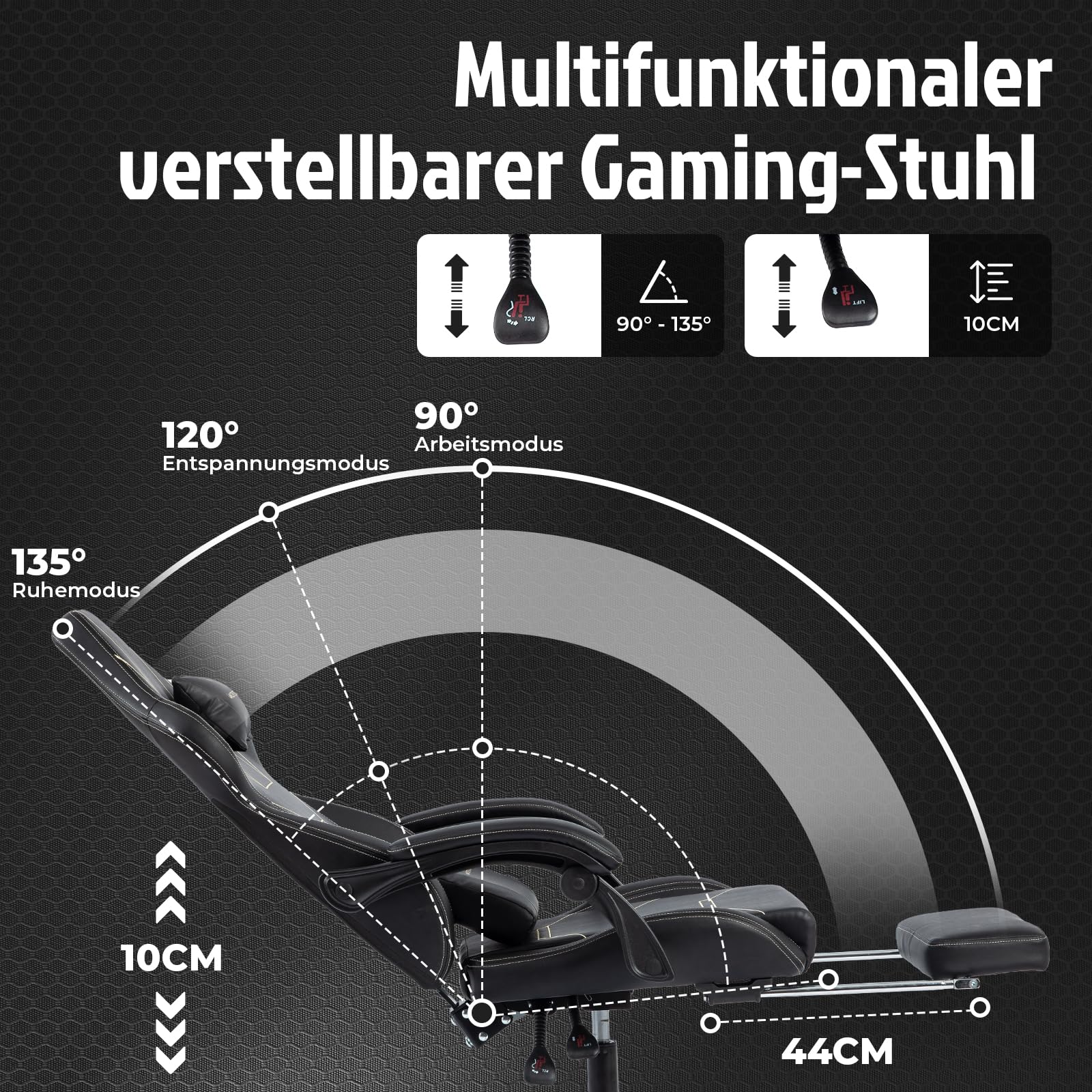 Gaming Stuhl Ergonomisch mit Fußstütze Racing Computerstuhl Höhenverstellbar Gepolstert Bürostuhl Lendenwirbelstütze Schwarz