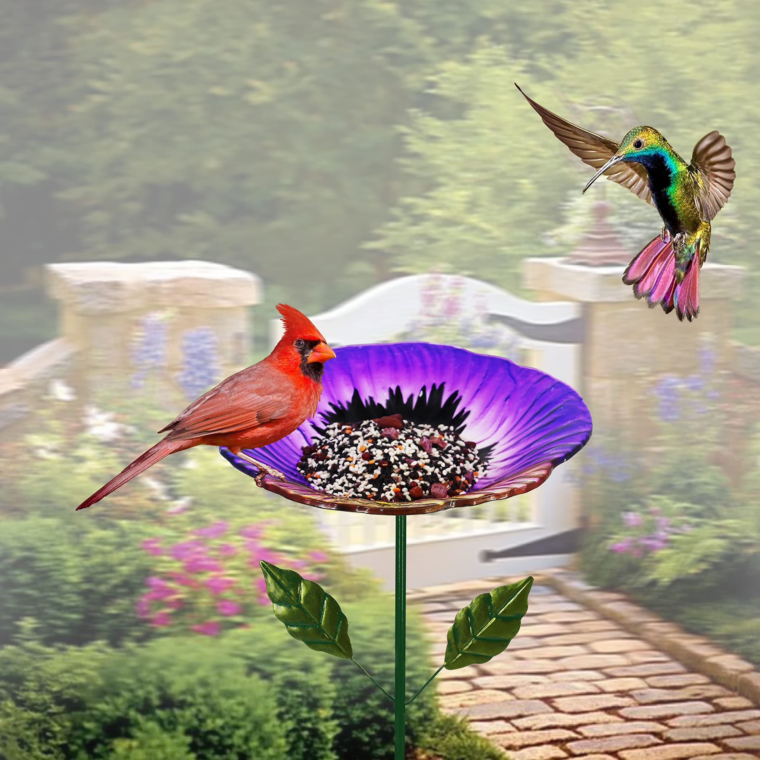 Glas-Vogeltränke für den Außenbereich, Garten, Vogeltränke, Vogelfutterspender, Hortensien-Dekor, Vogelfutterspender mit Metallpfahl für Garten, Hof, Rasen, Hof