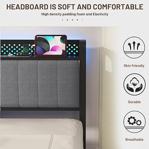 Miniatura 5 de SAMTRA Base de cama tamaño Queen con 4 cajones de almacenamiento, cabecera tapizada de lino con LED, estación de carga, plataforma de metal, soporte